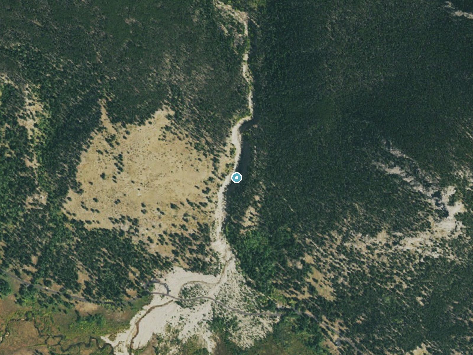 Aerial photo of the same ground around Horseshoe Falls near Estes Park, Colorado, for comparison with the lidar view