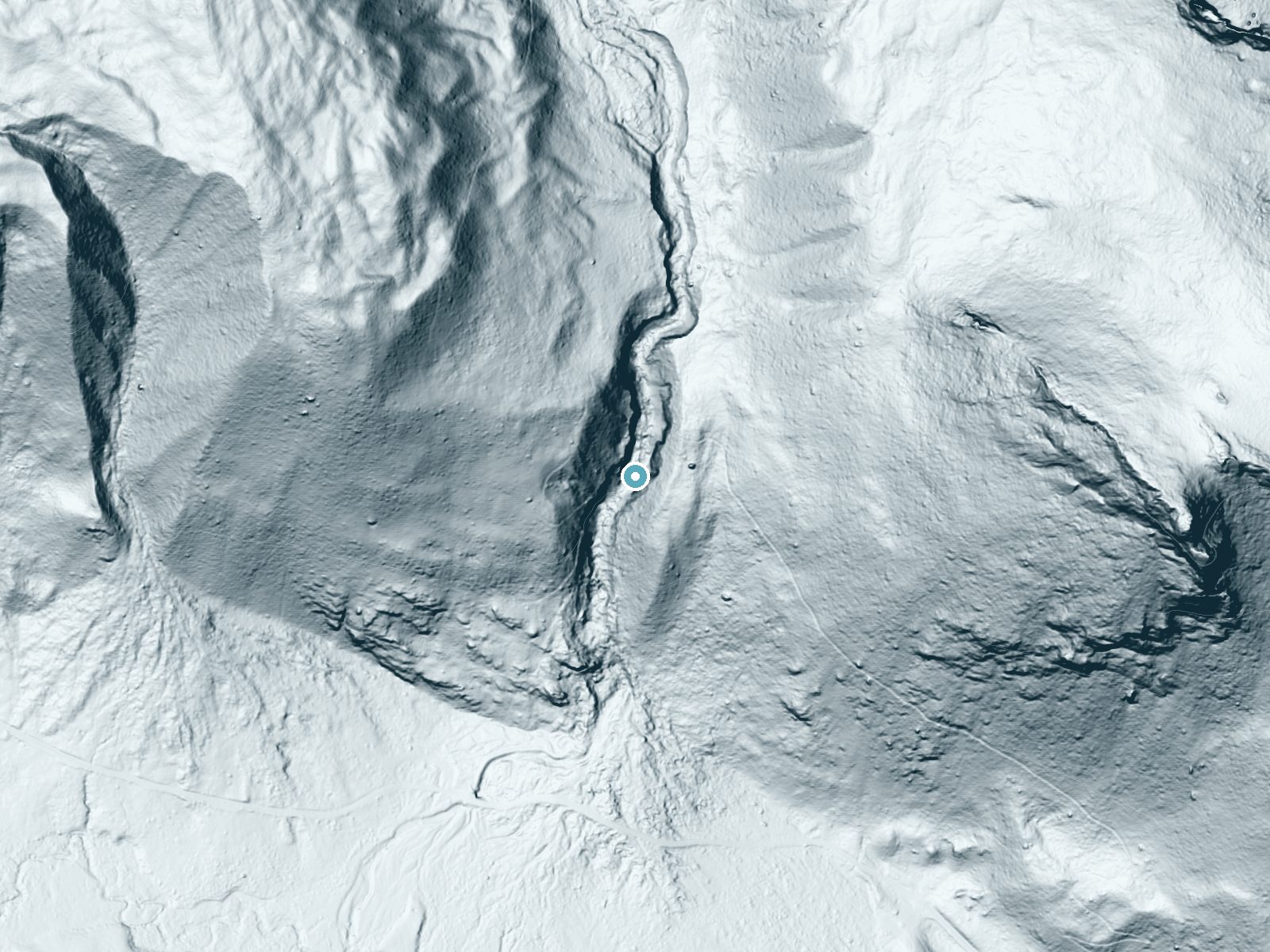 LiDAR bare-earth terrain around Horseshoe Falls near Estes Park, Colorado, showing about 231 feet of drop, a single sheer drop, facing southwest