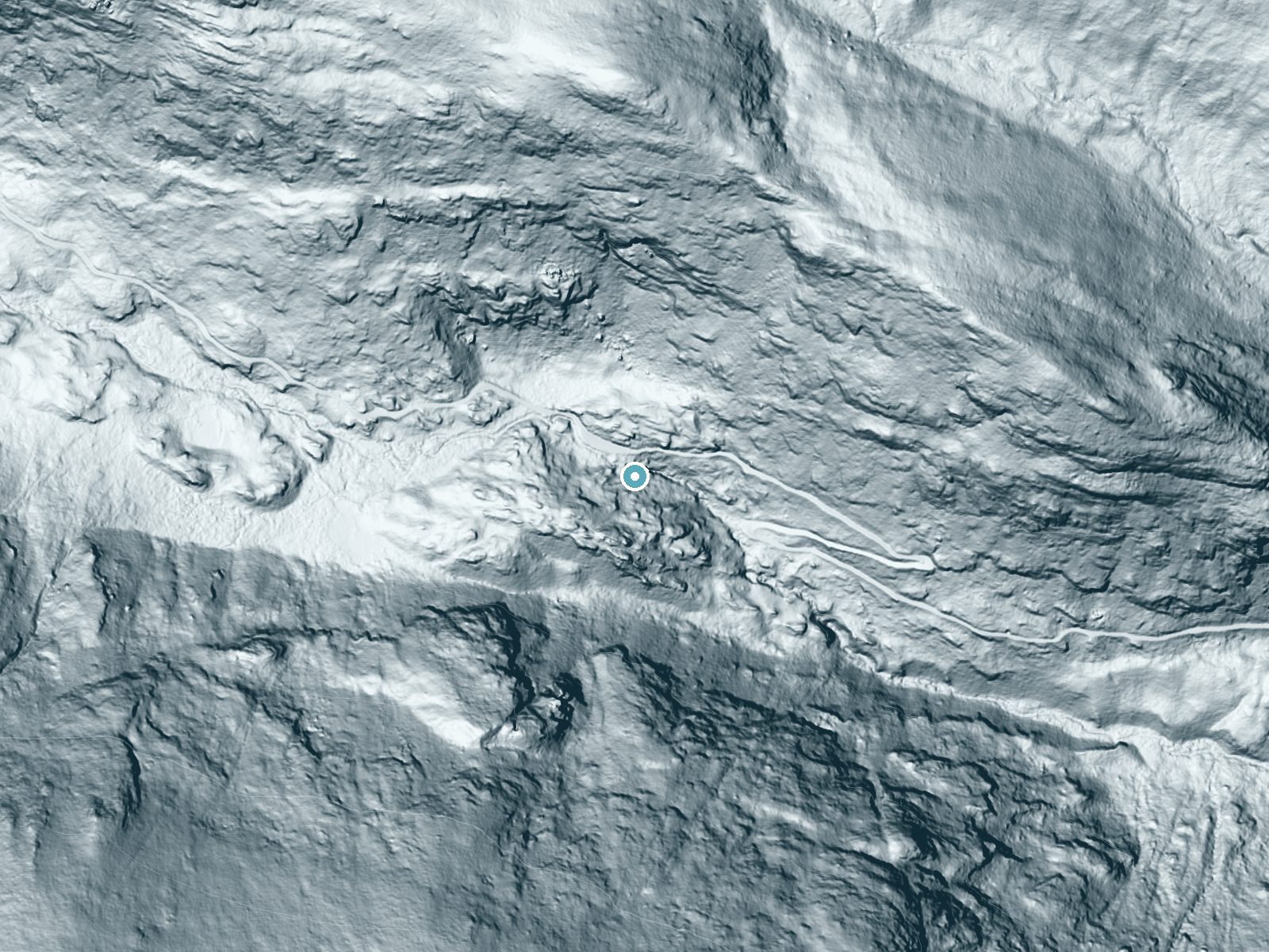LiDAR bare-earth terrain around Chasm Falls near Estes Park, Colorado, showing about 175 feet of drop, a steep tiered drop, facing east