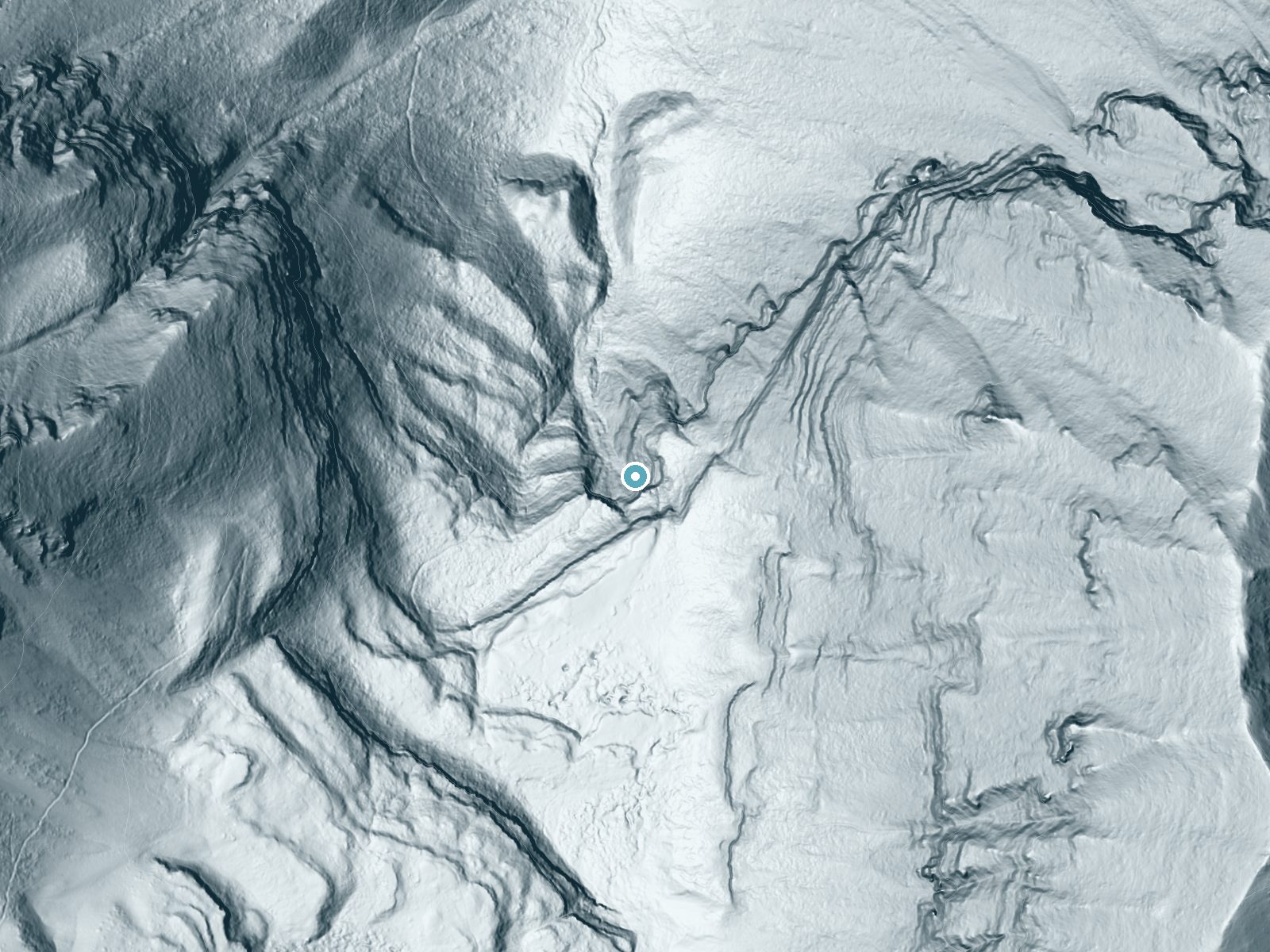 LiDAR bare-earth terrain around Scout Falls near Sundance, Utah, showing about 381 feet of drop, a single sheer drop, facing northwest