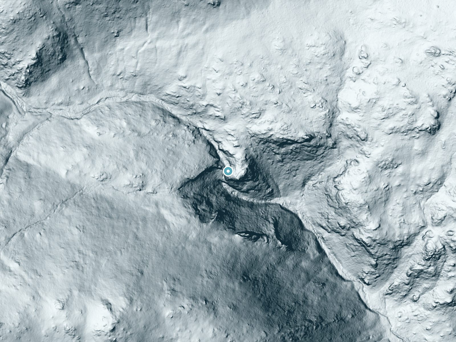 LiDAR bare-earth terrain around Bridal Veil Falls near Estes Park, Colorado, showing about 249 feet of drop, a steep tiered drop, facing south