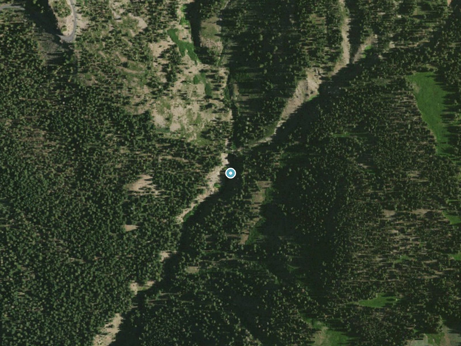 Aerial photo of the same ground around Mill Creek Falls near Mineral, California, for comparison with the lidar view