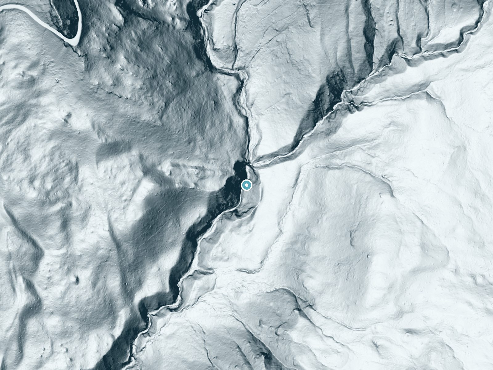 LiDAR bare-earth terrain around Mill Creek Falls near Mineral, California, showing about 183 feet of drop, a steep tiered drop, facing southwest