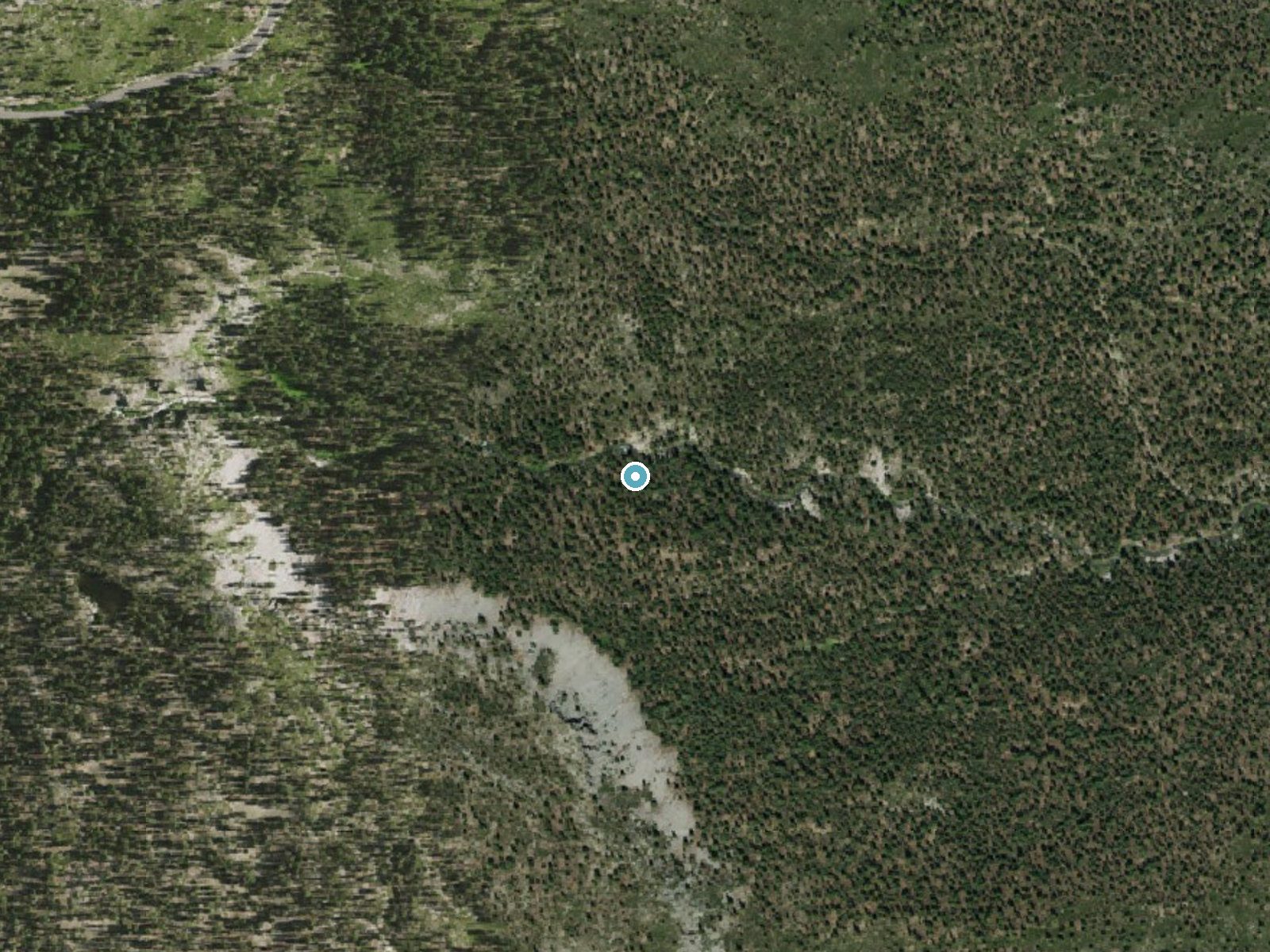Aerial photo of the same ground around Kings Creek Falls near Mineral, California, for comparison with the lidar view