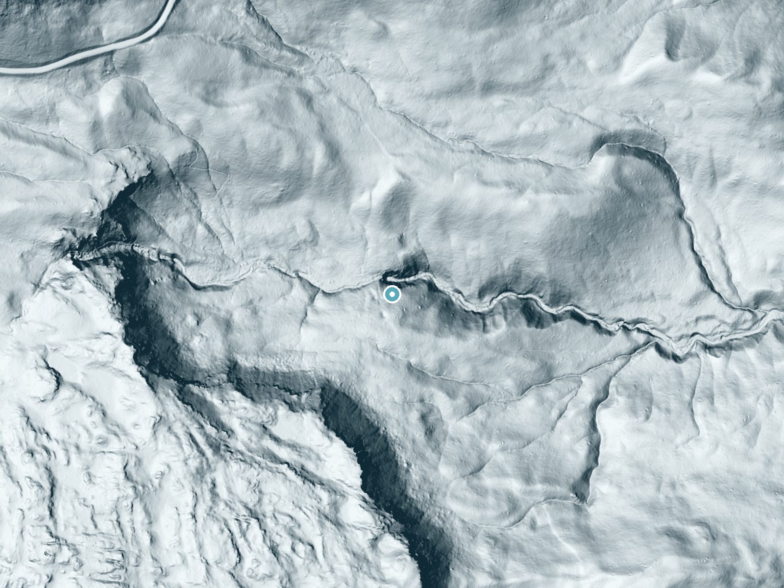 LiDAR bare-earth terrain around Kings Creek Falls near Mineral, California, showing about 143 feet of drop, a steep tiered drop, facing northeast