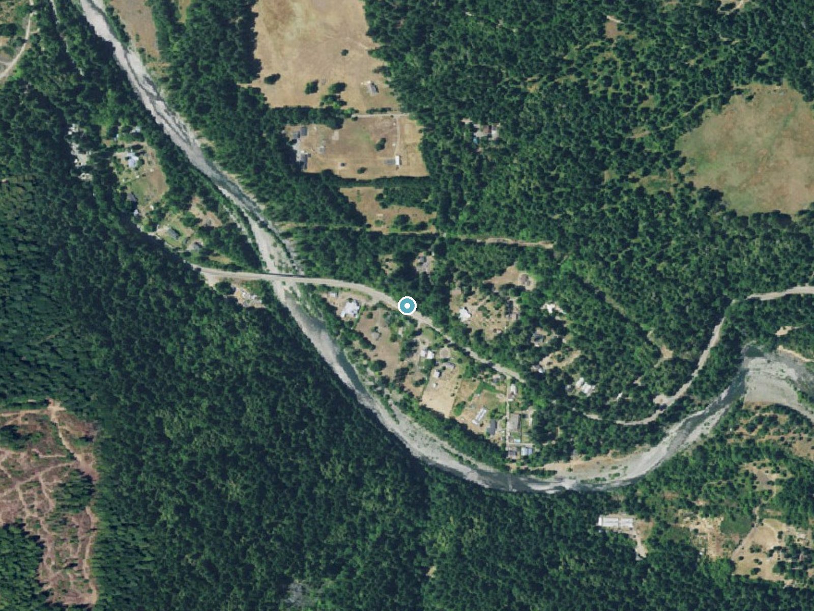 Aerial photo of the same ground around Pepperwood Falls near Myers Flat, California, for comparison with the lidar view