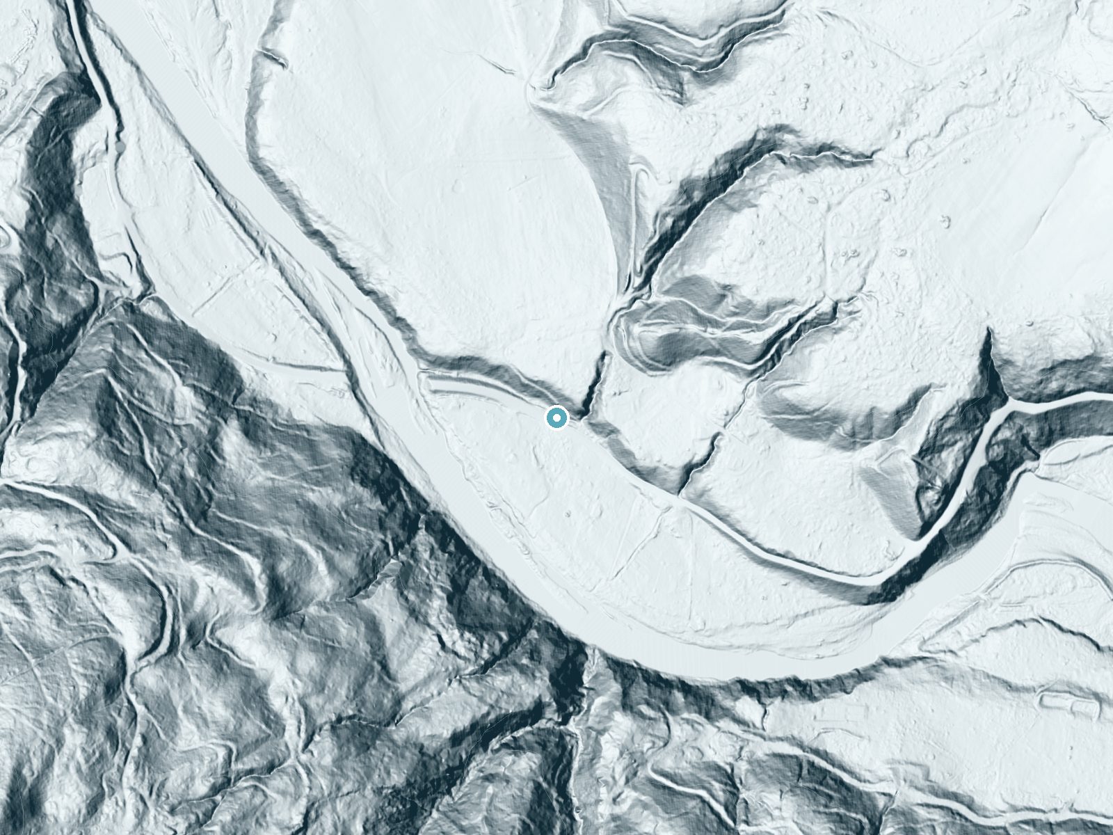 LiDAR bare-earth terrain around Pepperwood Falls near Myers Flat, California, showing about 88 feet of drop, a steep tiered drop, facing southwest