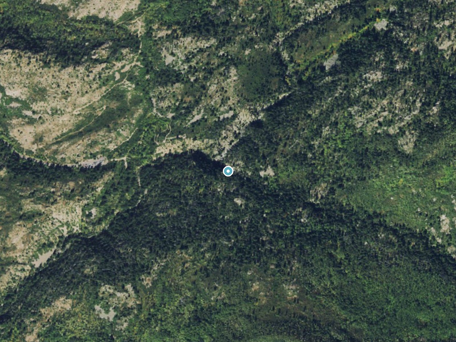 Aerial photo of the same ground around Fish Creek Falls near Steamboat Springs, Colorado, for comparison with the lidar view