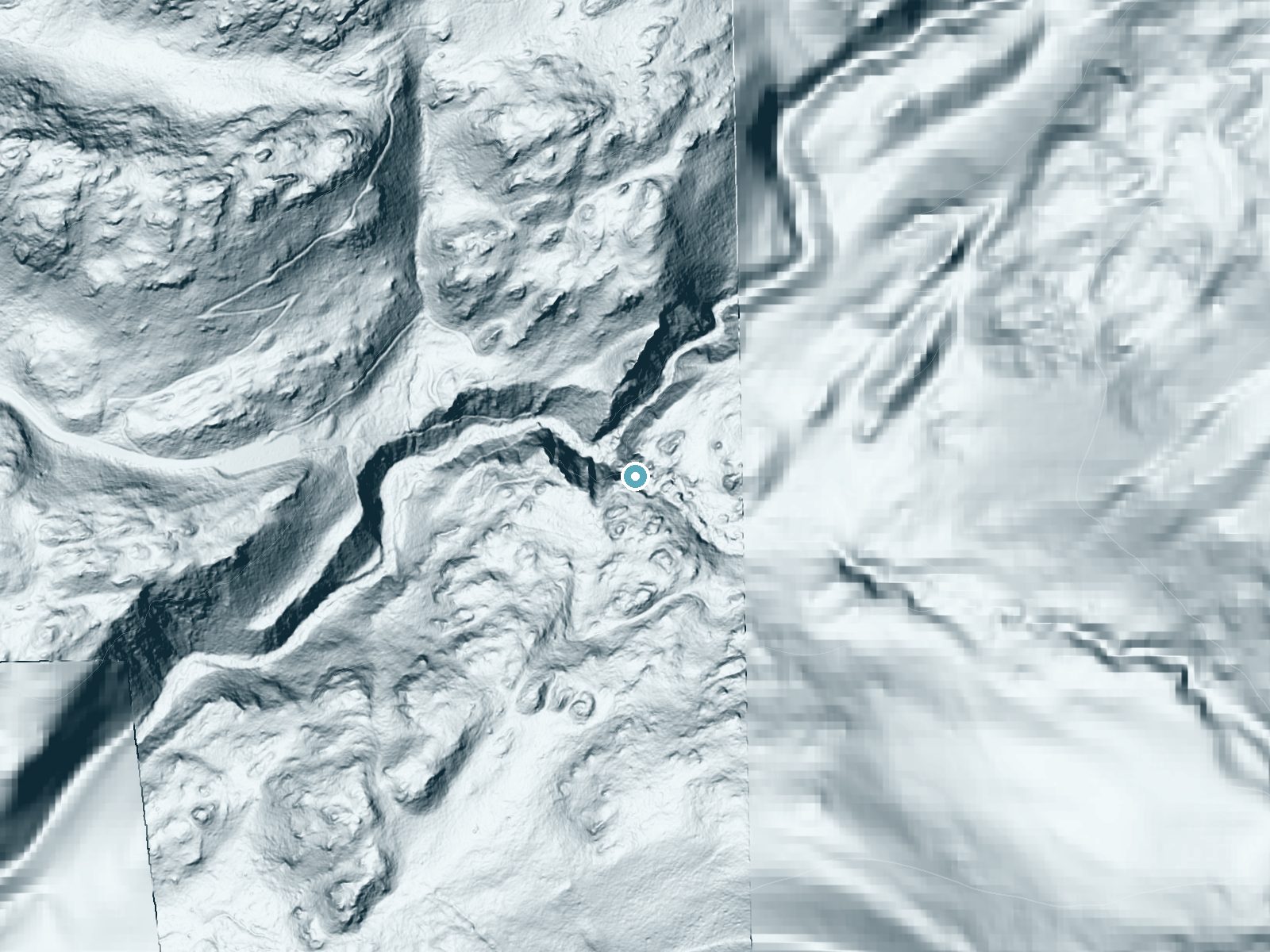 LiDAR bare-earth terrain around Fish Creek Falls near Steamboat Springs, Colorado, showing about 286 feet of drop, a steep tiered drop, facing northwest