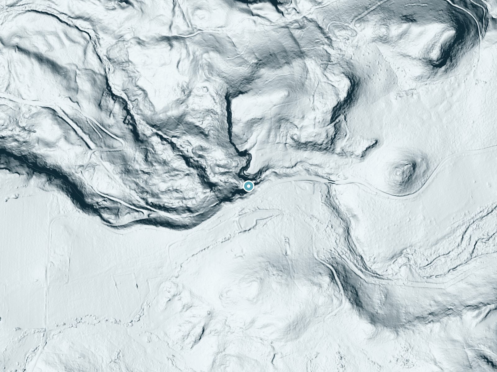 LiDAR bare-earth terrain around Bear Creek Falls near Whitmore, California, showing about 205 feet of drop, a steep tiered drop, facing northwest