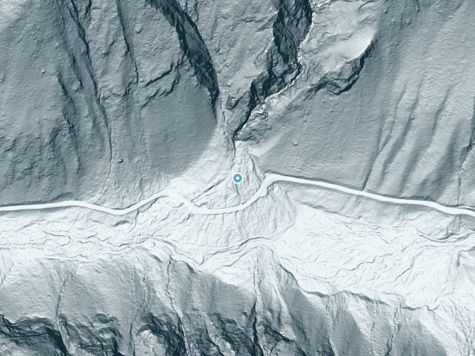 LiDAR bare-earth terrain around Lisa Falls near Granite, Utah, showing about 97 feet of drop, a long cascade, facing south