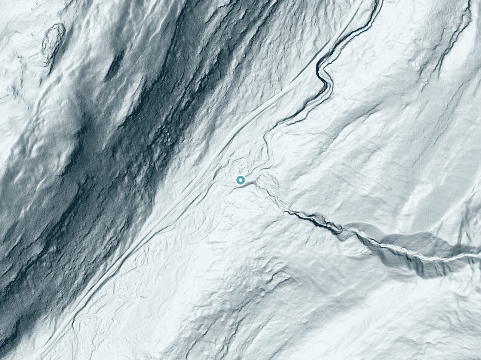 LiDAR bare-earth terrain around Smooth Rock Falls near Woodland, Utah, showing about 66 feet of drop, a steep tiered drop, facing northwest
