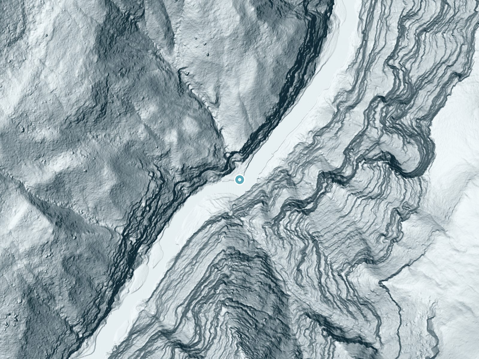 LiDAR bare-earth terrain around Triplet Falls near Dinosaur, Colorado, showing about 222 feet of drop, a single sheer drop, facing southeast