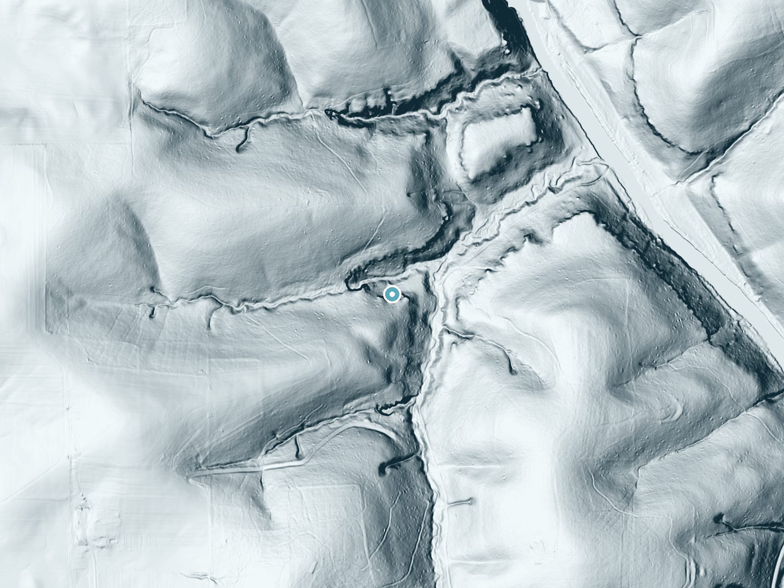 LiDAR bare-earth terrain around Big Lyons Falls near Perrysville, Ohio, showing about 154 feet of drop, a steep tiered drop, facing northeast