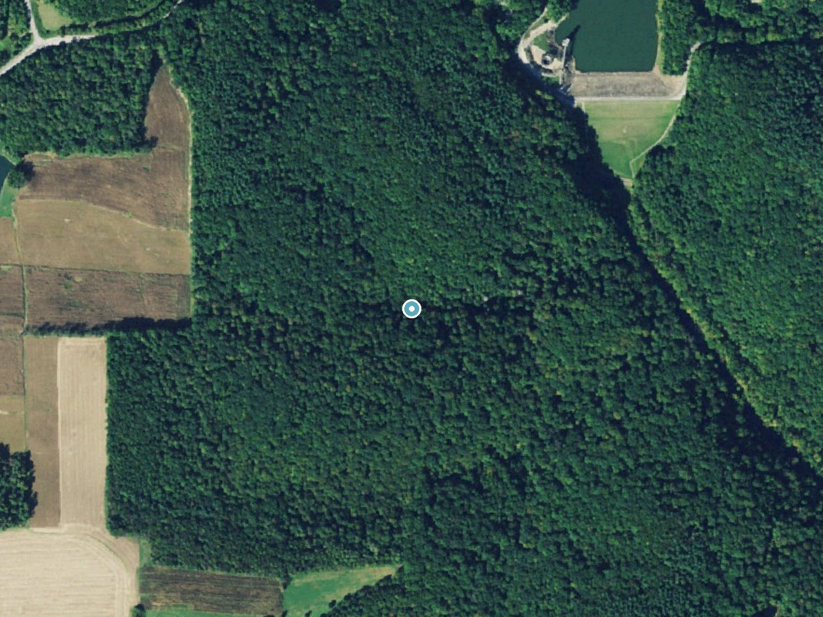 Aerial photo of the same ground around Little Lyons Falls near Perrysville, Ohio, for comparison with the lidar view