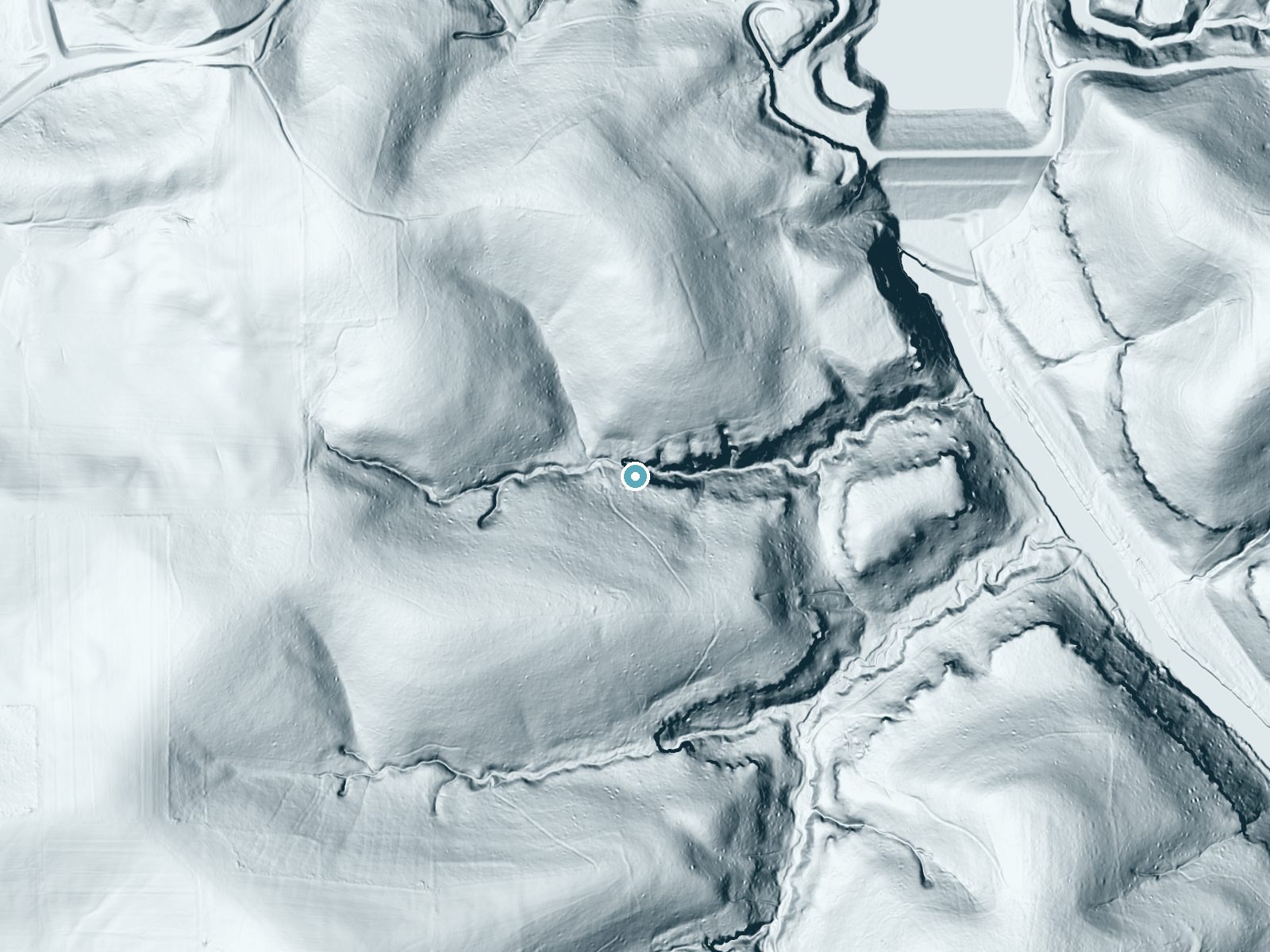 LiDAR bare-earth terrain around Little Lyons Falls near Perrysville, Ohio, showing about 149 feet of drop, a steep tiered drop, facing northeast