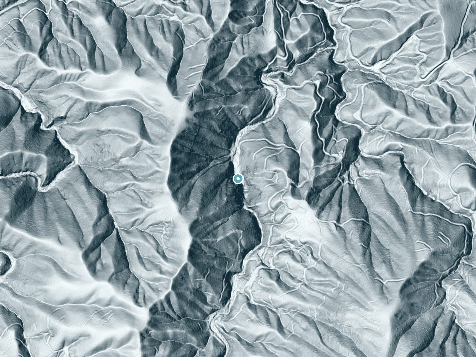 LiDAR bare-earth terrain around Whiskeytown Falls near French Gulch, California, showing about 311 feet of drop, a steep tiered drop, facing north
