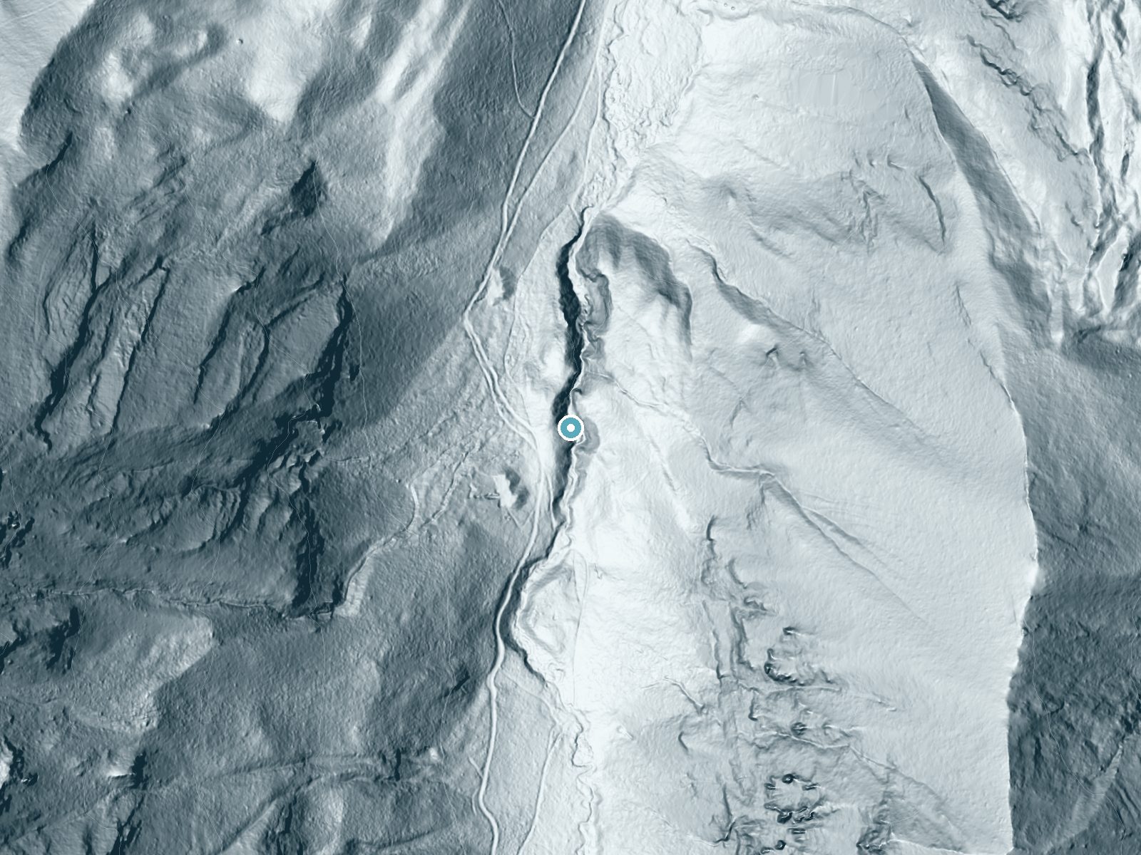 LiDAR bare-earth terrain around Doughnut Falls near Brighton, Utah, showing about 151 feet of drop, a steep tiered drop, facing northwest