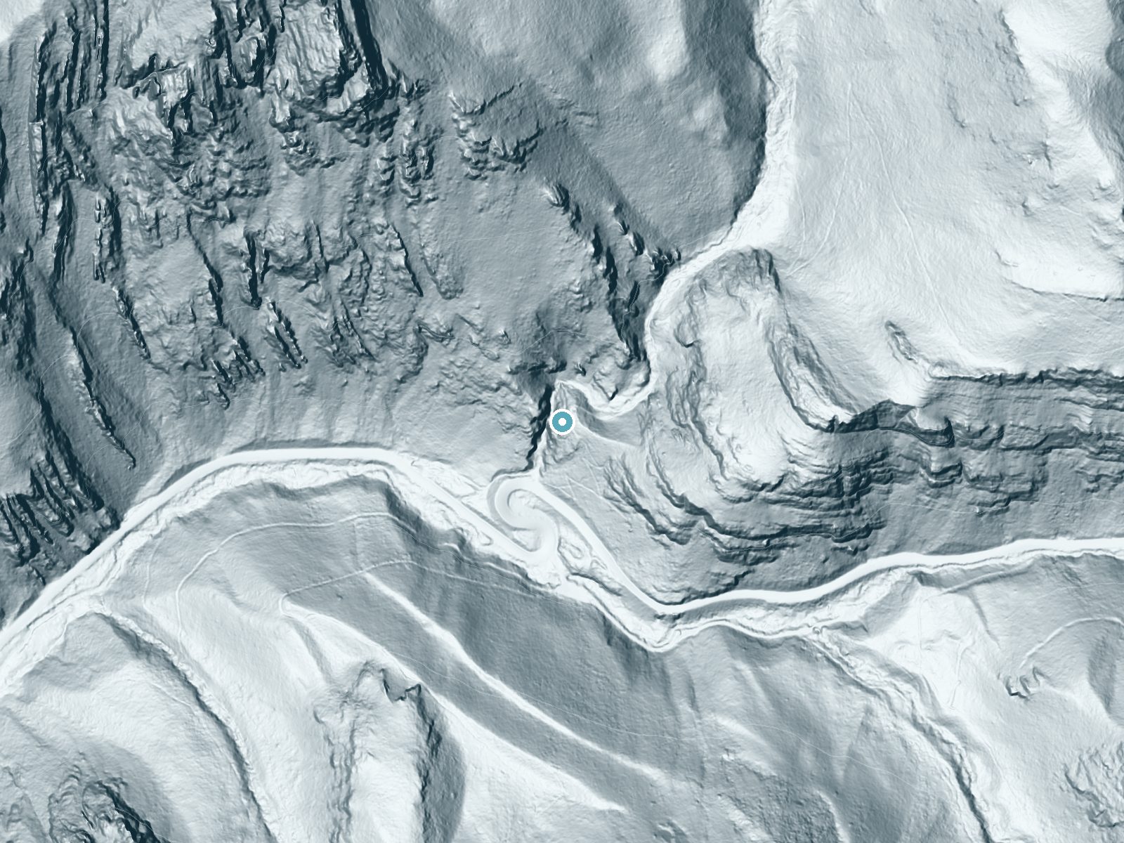 LiDAR bare-earth terrain around Hidden Falls near Cottonwood Heights, Utah, showing about 222 feet of drop, a steep tiered drop, facing southwest