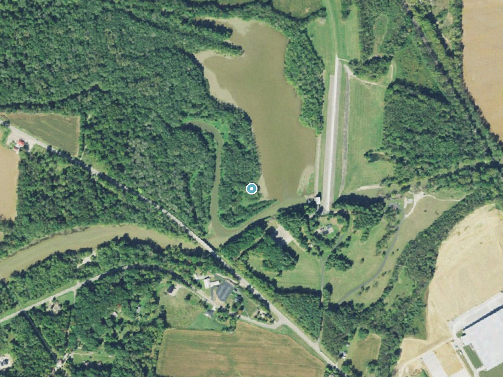 Aerial photo of the same ground around Sugar Creek Falls (historical) near Beach City, Ohio, for comparison with the lidar view