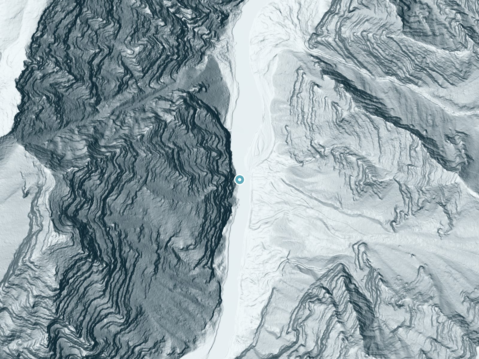 LiDAR bare-earth terrain around Lower Disaster Falls near Dinosaur, Colorado, showing about 353 feet of drop, a single sheer drop, facing east