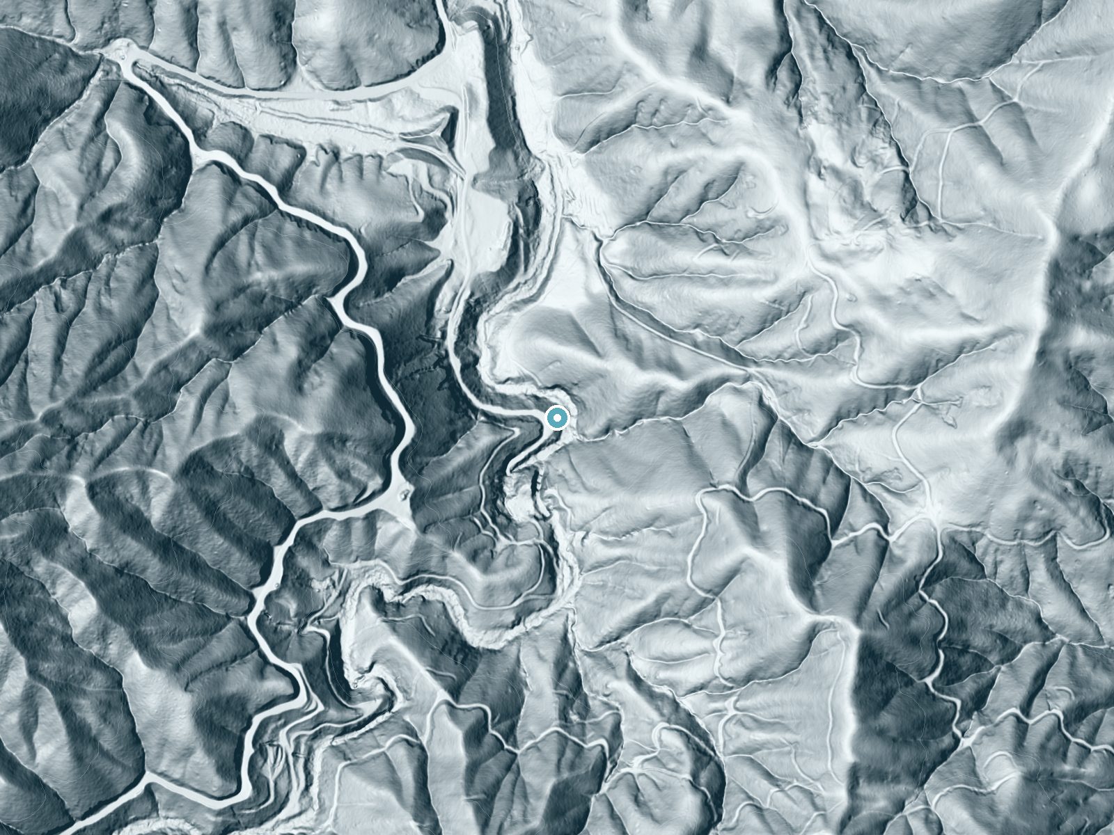 LiDAR bare-earth terrain around Crystal Creek Falls near French Gulch, California, showing about 161 feet of drop, a steep tiered drop, facing west