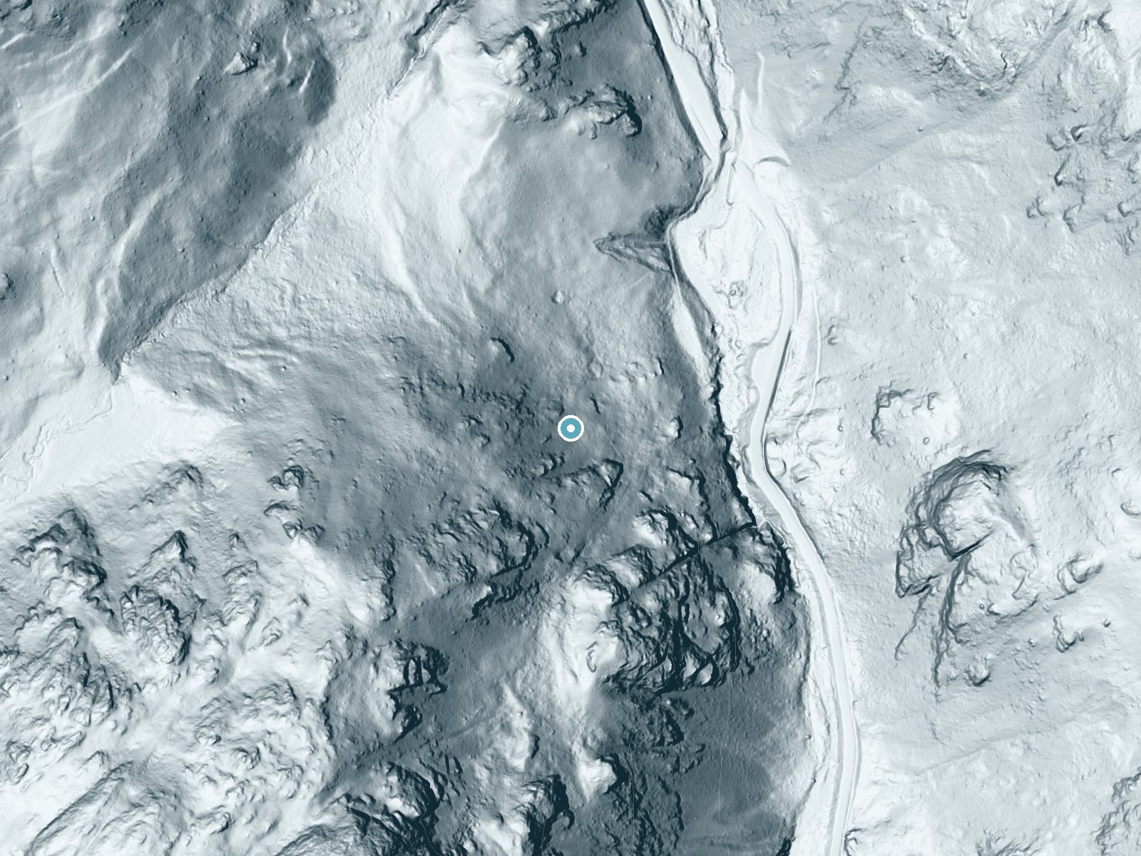 LiDAR bare-earth terrain around Poudre Falls near Red Feather Lakes, Colorado, showing about 341 feet of drop, a steep tiered drop, facing northeast