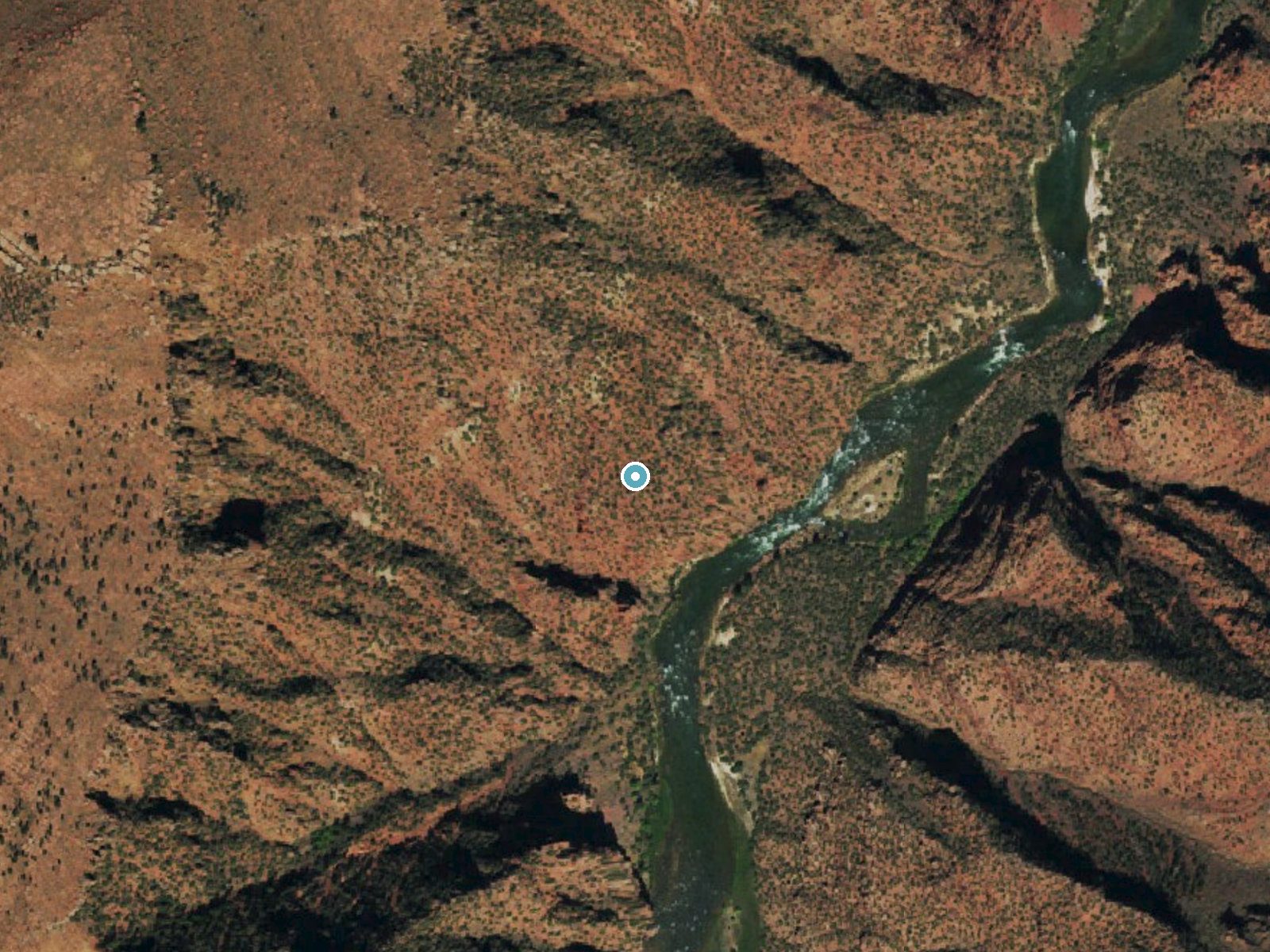 Aerial photo of the same ground around Upper Disaster Falls near Dinosaur, Colorado, for comparison with the lidar view