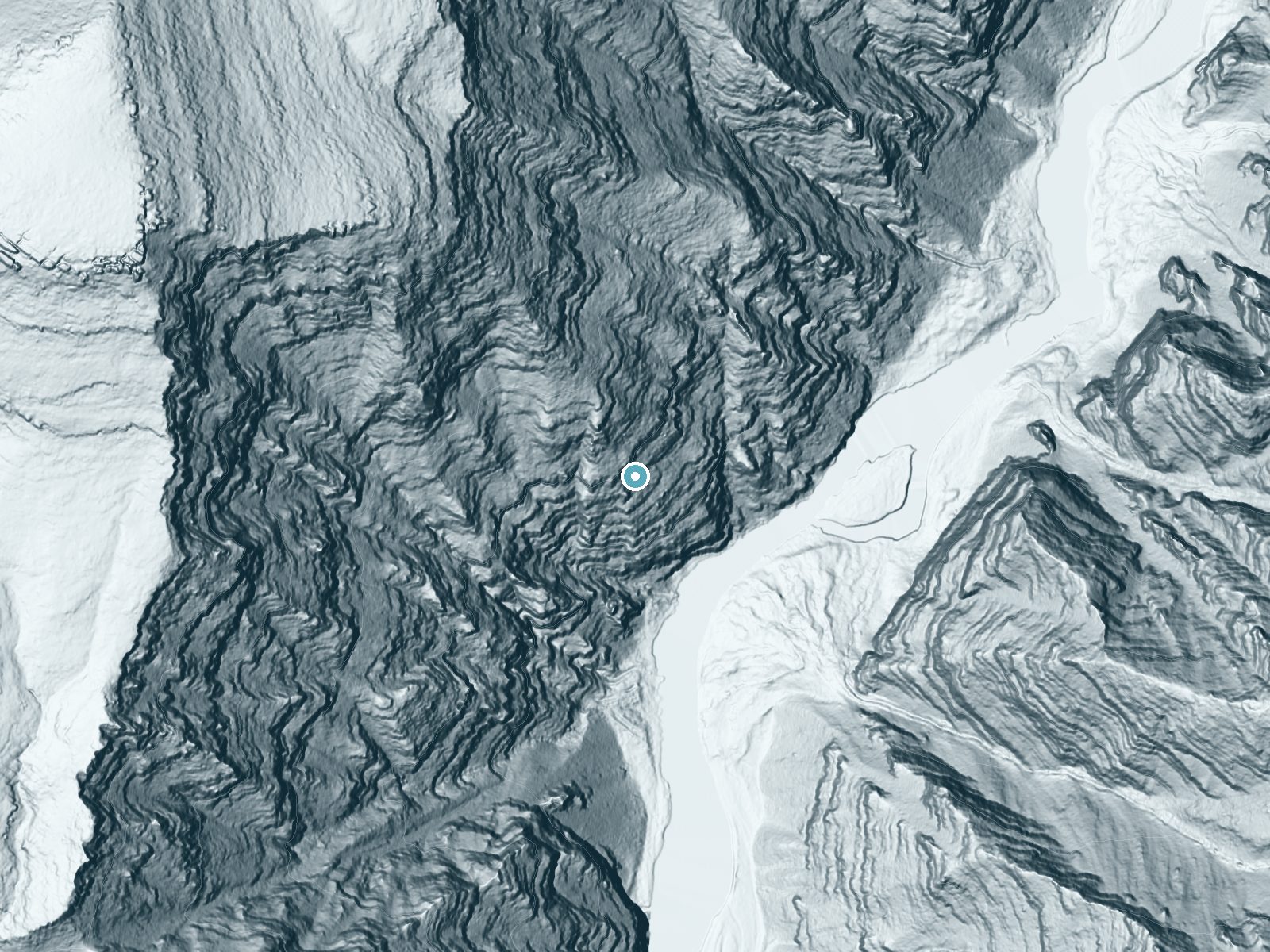 LiDAR bare-earth terrain around Upper Disaster Falls near Dinosaur, Colorado, showing about 495 feet of drop, a steep tiered drop, facing southeast