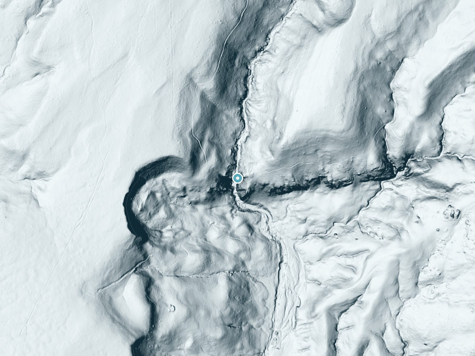 LiDAR bare-earth terrain around Clover Creek Falls near Oak Run, California, showing about 210 feet of drop, a single sheer drop, facing south