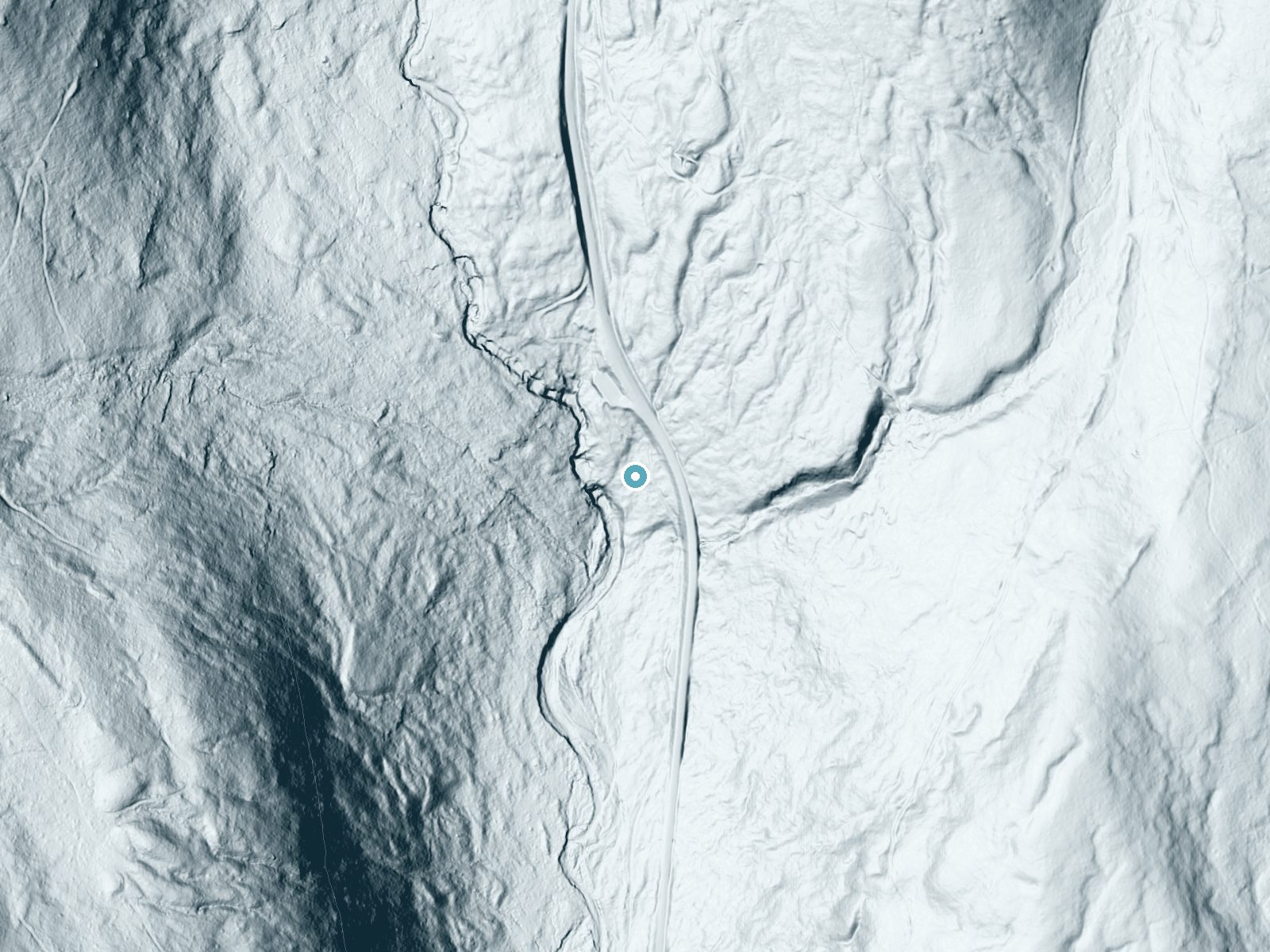 LiDAR bare-earth terrain around Provo River Falls near Samak, Utah, showing about 110 feet of drop, a long cascade, facing southwest