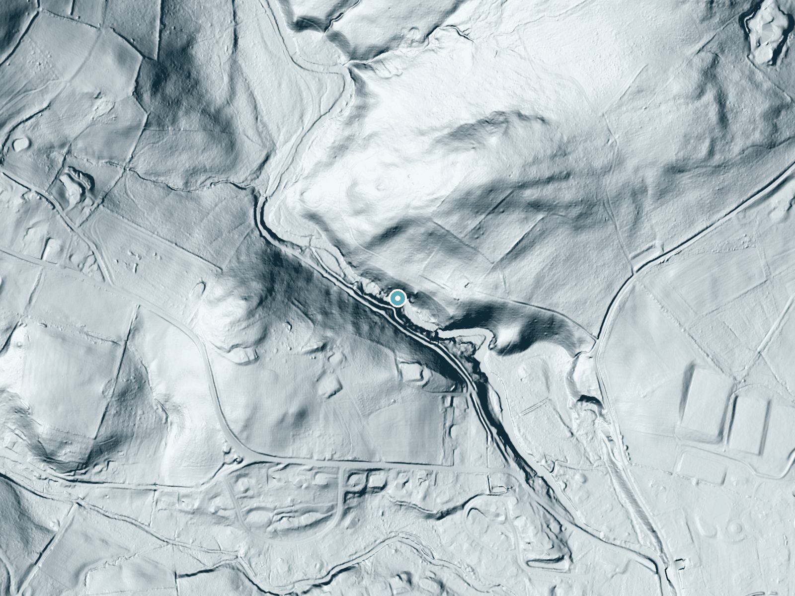 LiDAR bare-earth terrain around Pottersville Falls near Pottersville, New Jersey, showing about 89 feet of drop, a steep tiered drop, facing south