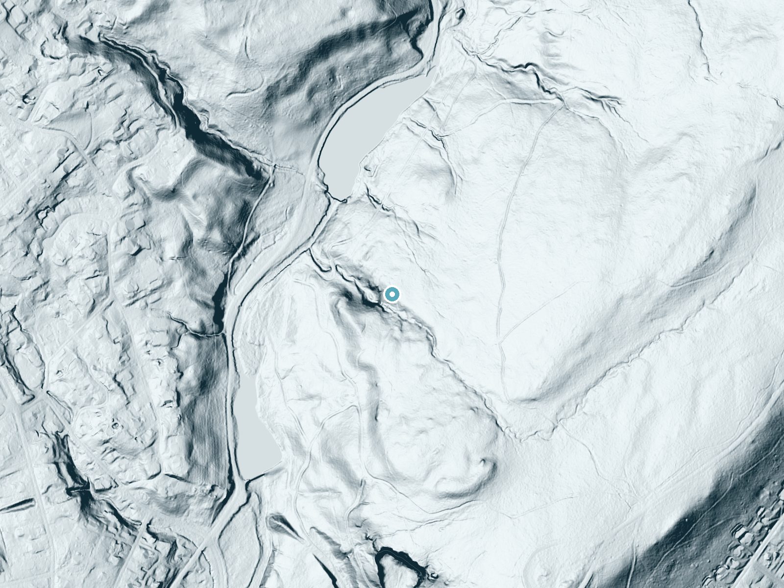LiDAR bare-earth terrain around Maple Falls near Short Hills, New Jersey, showing about 126 feet of drop, a steep tiered drop, facing west