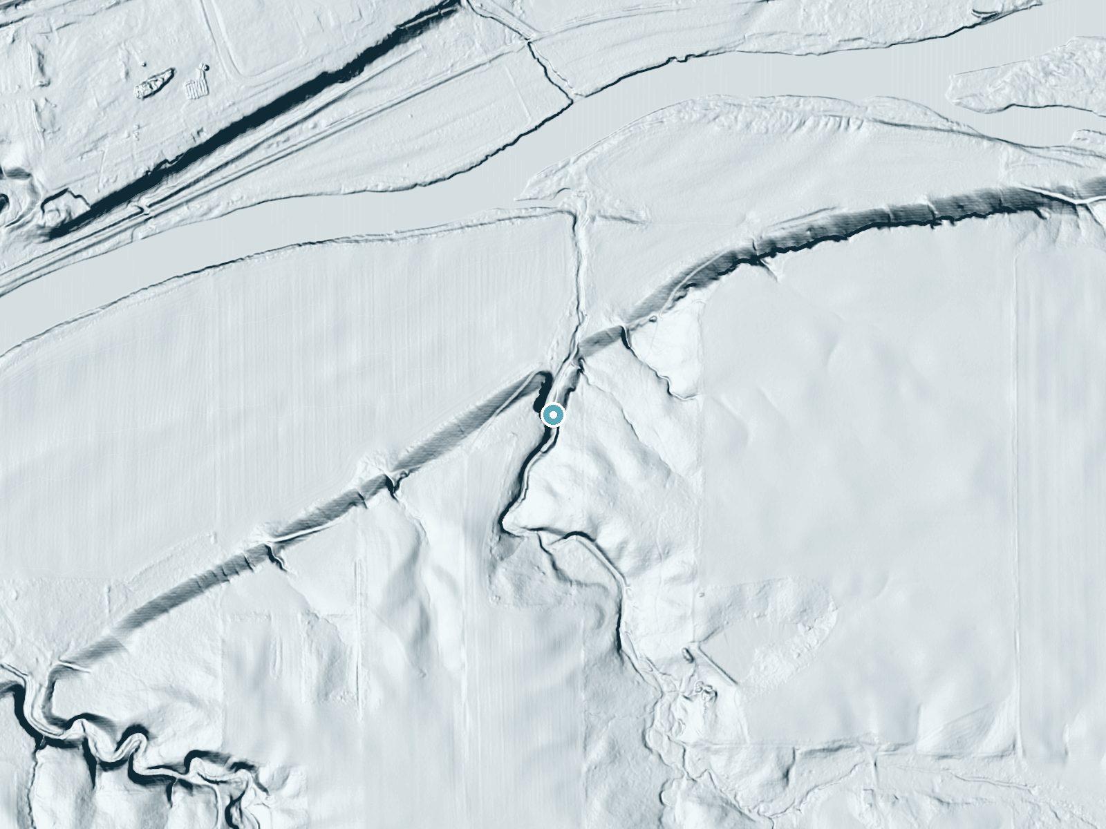 LiDAR bare-earth terrain around Shanty Falls near Wabash, Indiana, showing about 75 feet of drop, a steep tiered drop, facing north