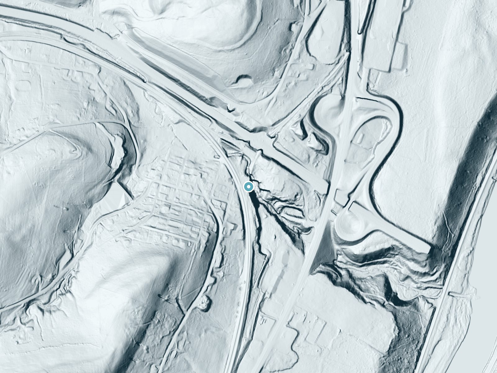 LiDAR bare-earth terrain around Homewood Falls near Homewood, Pennsylvania, showing about 90 feet of drop, a steep tiered drop, facing east