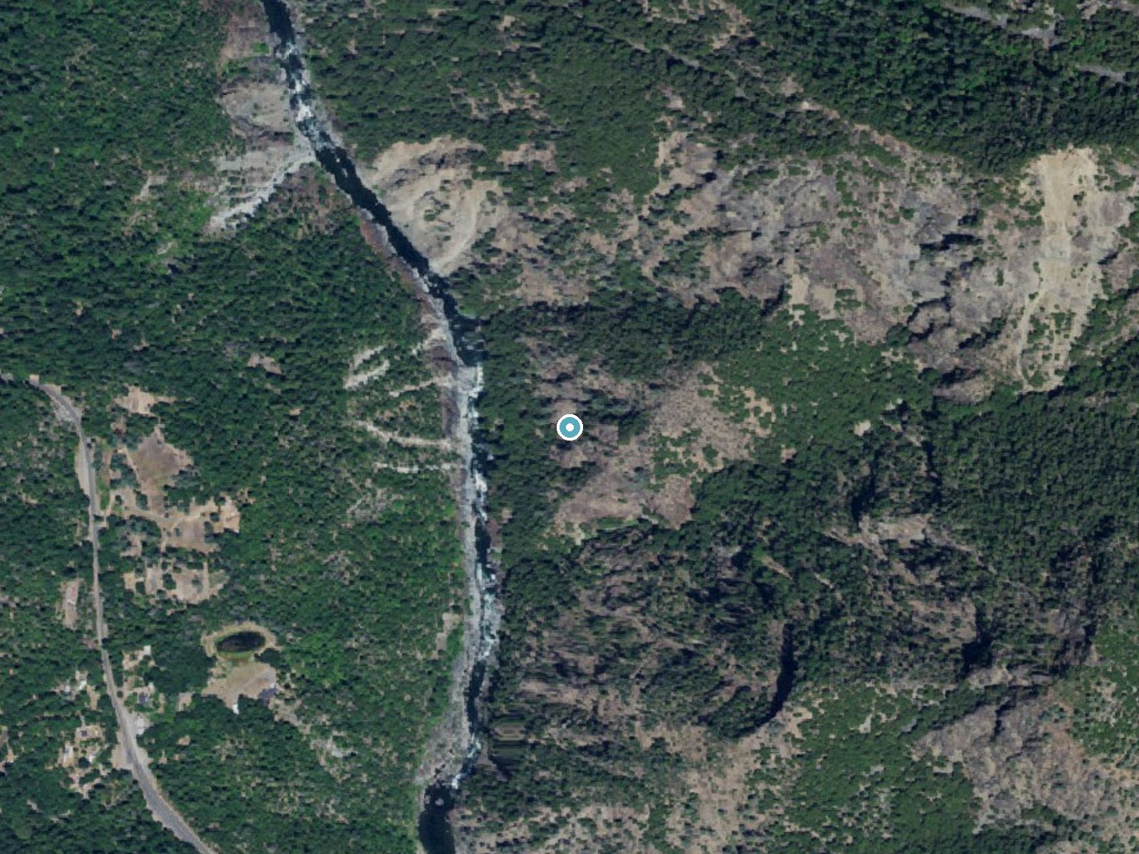 Aerial photo of the same ground around Burnt Ranch Falls near Burnt Ranch, California, for comparison with the lidar view