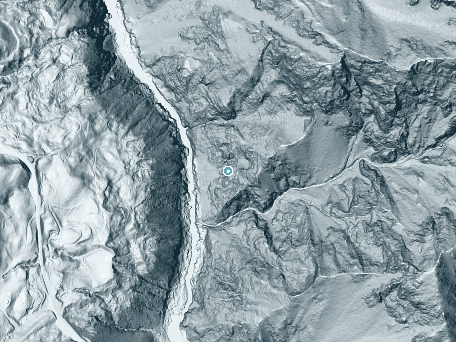 LiDAR bare-earth terrain around Burnt Ranch Falls near Burnt Ranch, California, showing about 552 feet of drop, a single sheer drop, facing west