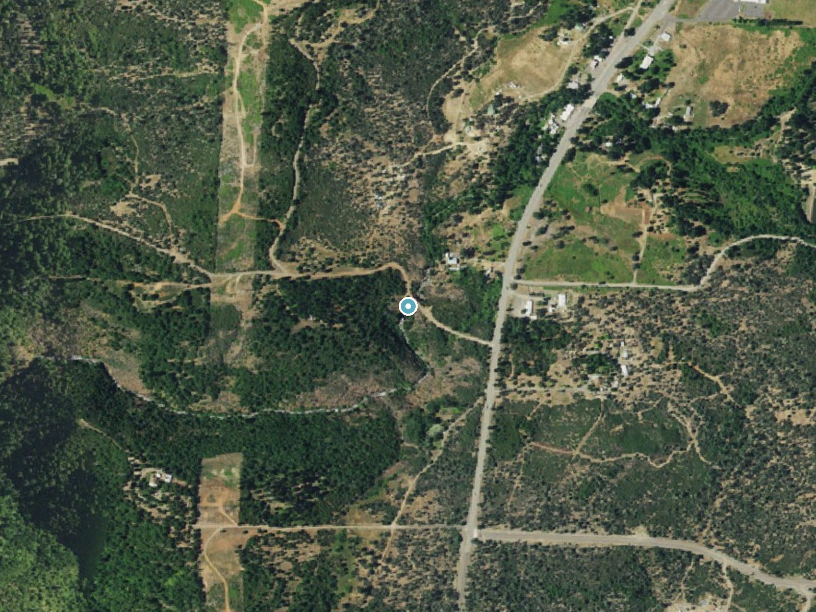 Aerial photo of the same ground around Montgomery Creek Falls near Montgomery Creek, California, for comparison with the lidar view
