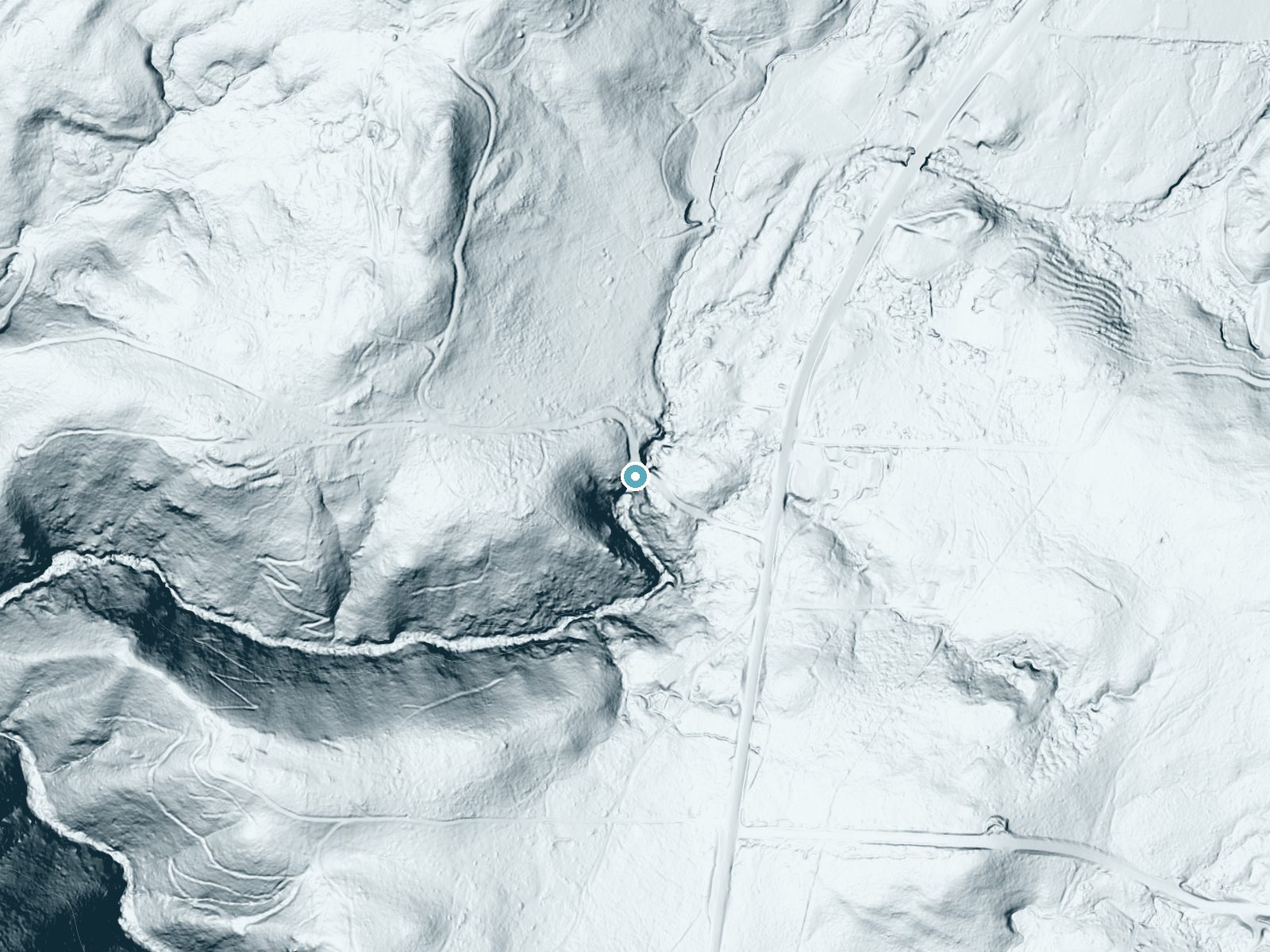 LiDAR bare-earth terrain around Montgomery Creek Falls near Montgomery Creek, California, showing about 137 feet of drop, a long cascade, facing south