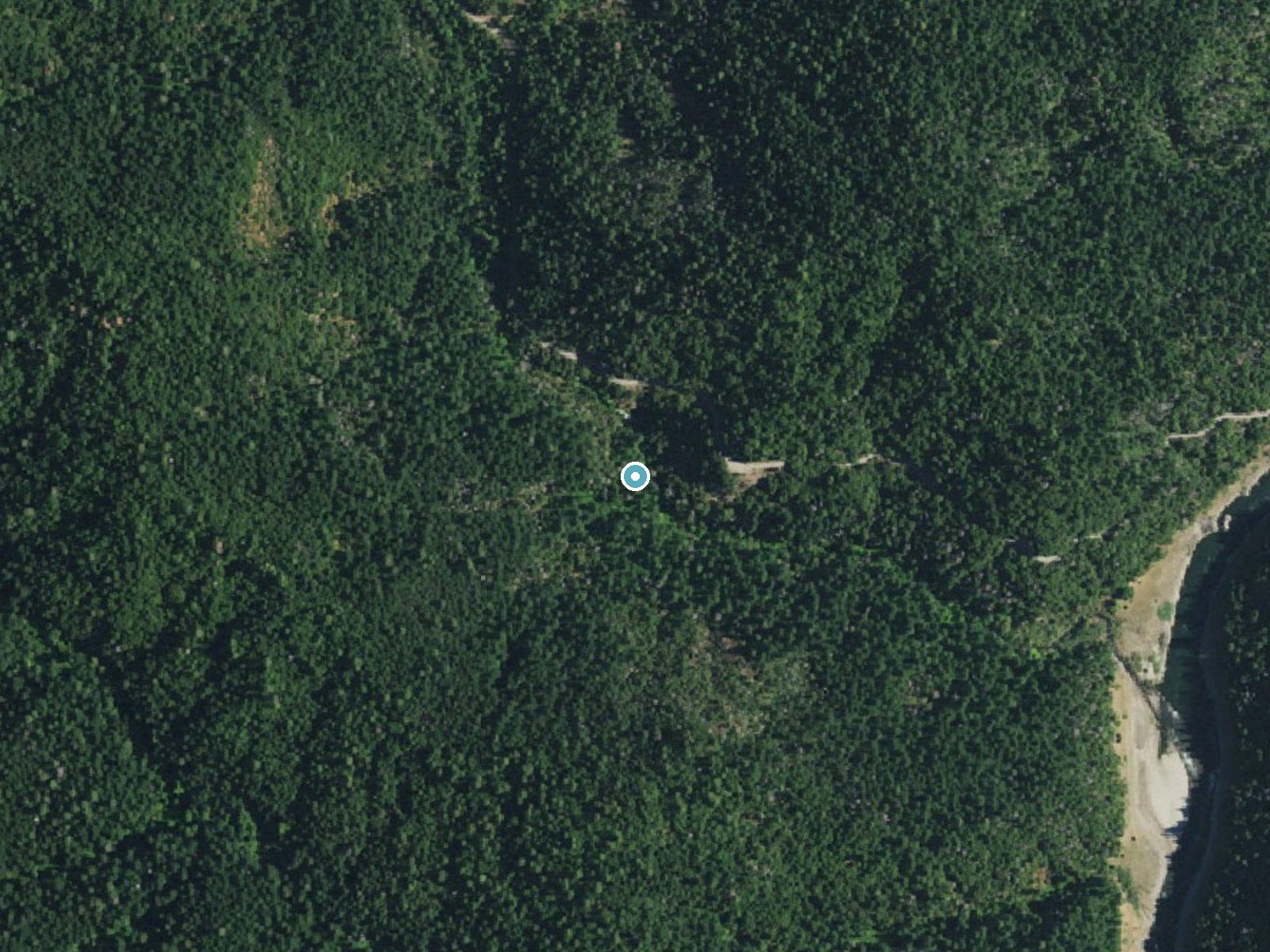Aerial photo of the same ground around Potem Falls near Montgomery Creek, California, for comparison with the lidar view