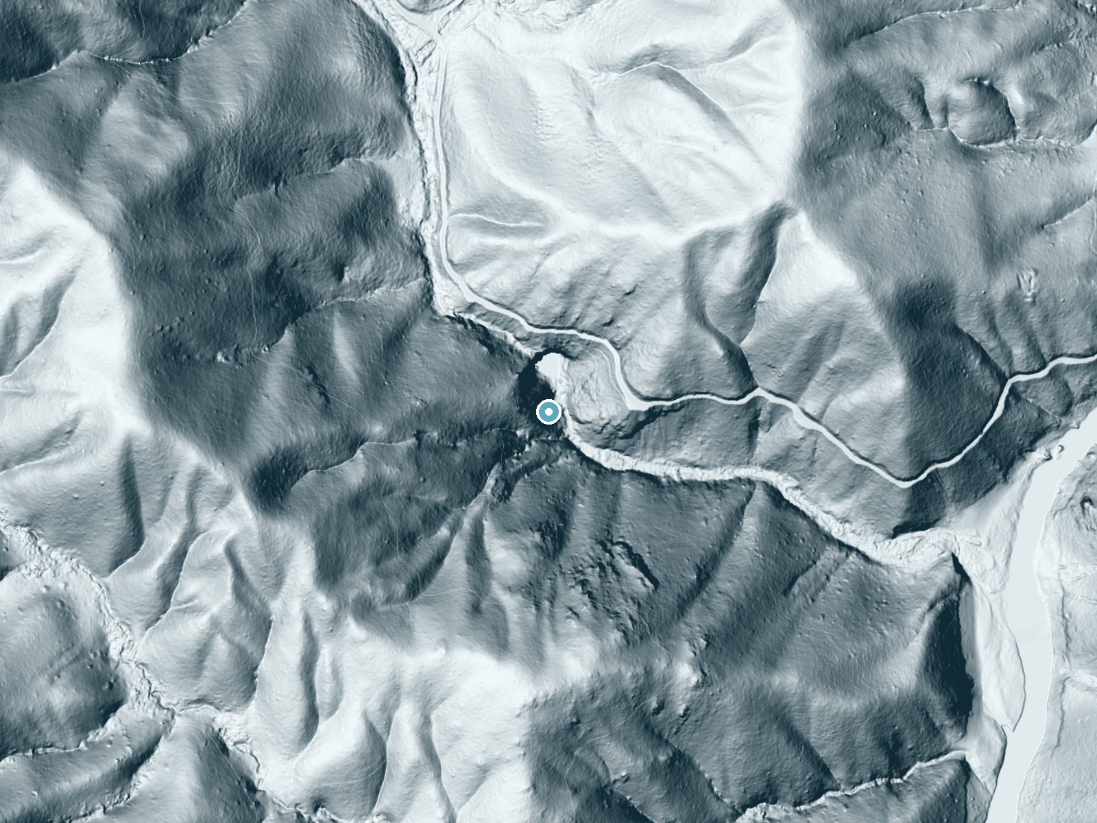 LiDAR bare-earth terrain around Potem Falls near Montgomery Creek, California, showing about 239 feet of drop, a steep tiered drop, facing east
