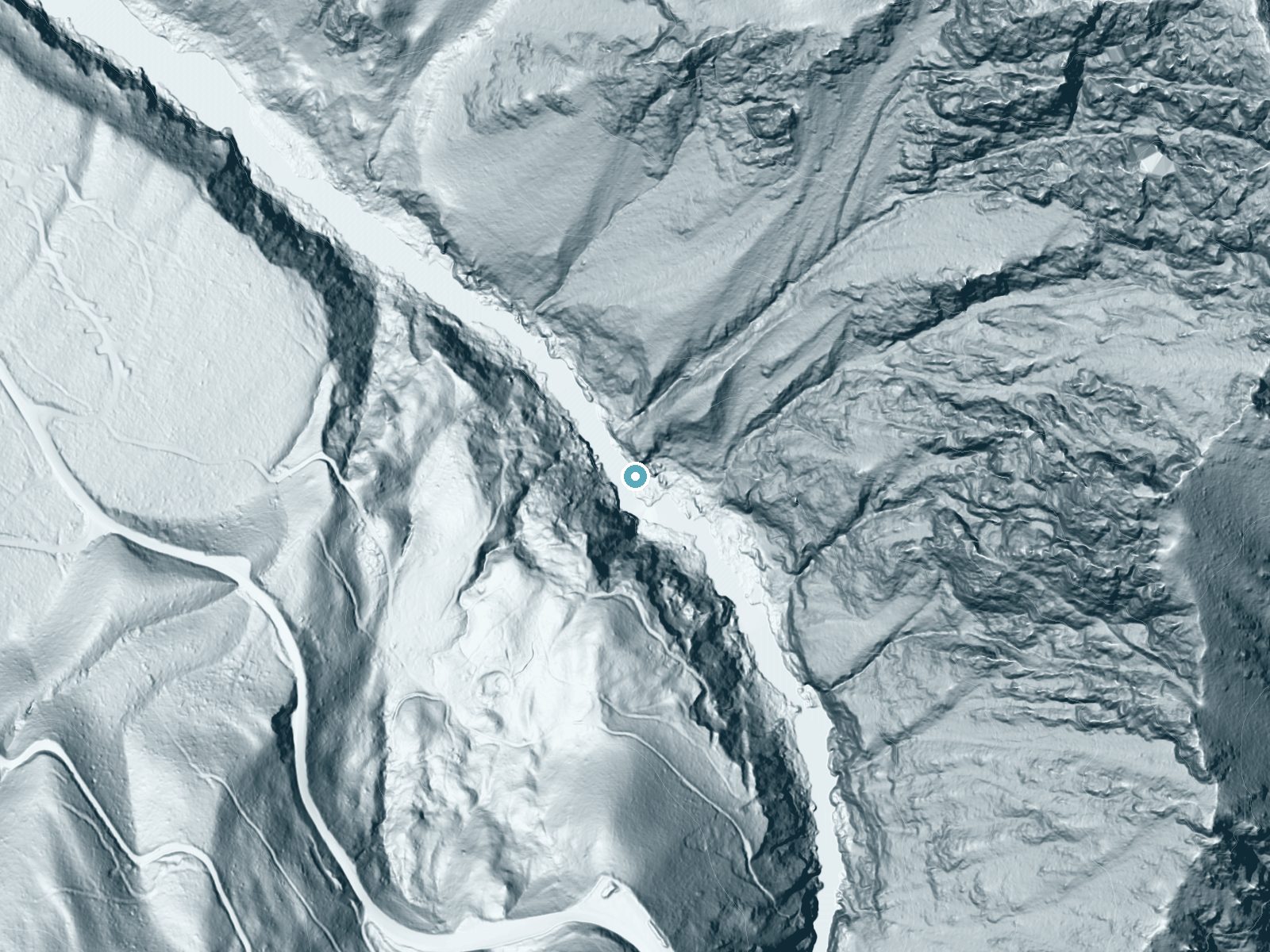 LiDAR bare-earth terrain around Gray Falls near Trinity Village, California, showing about 193 feet of drop, a steep tiered drop, facing south