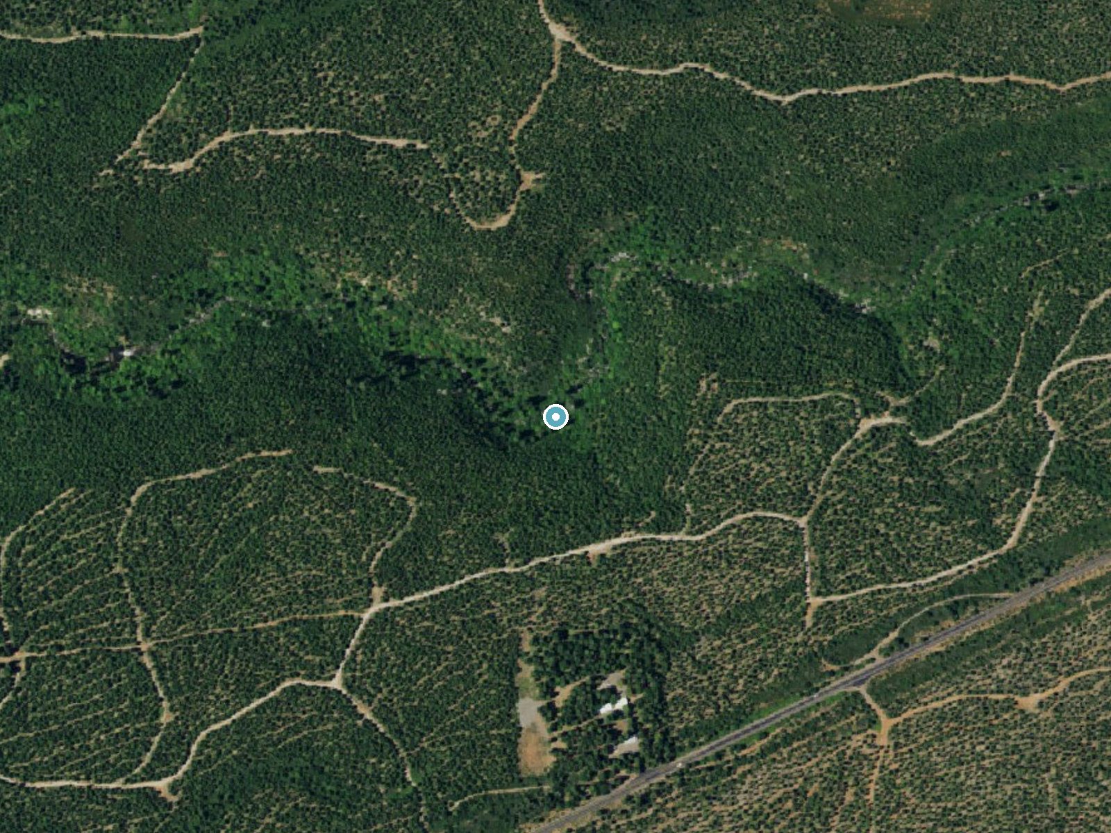 Aerial photo of the same ground around Lion Wash Falls near Montgomery Creek, California, for comparison with the lidar view