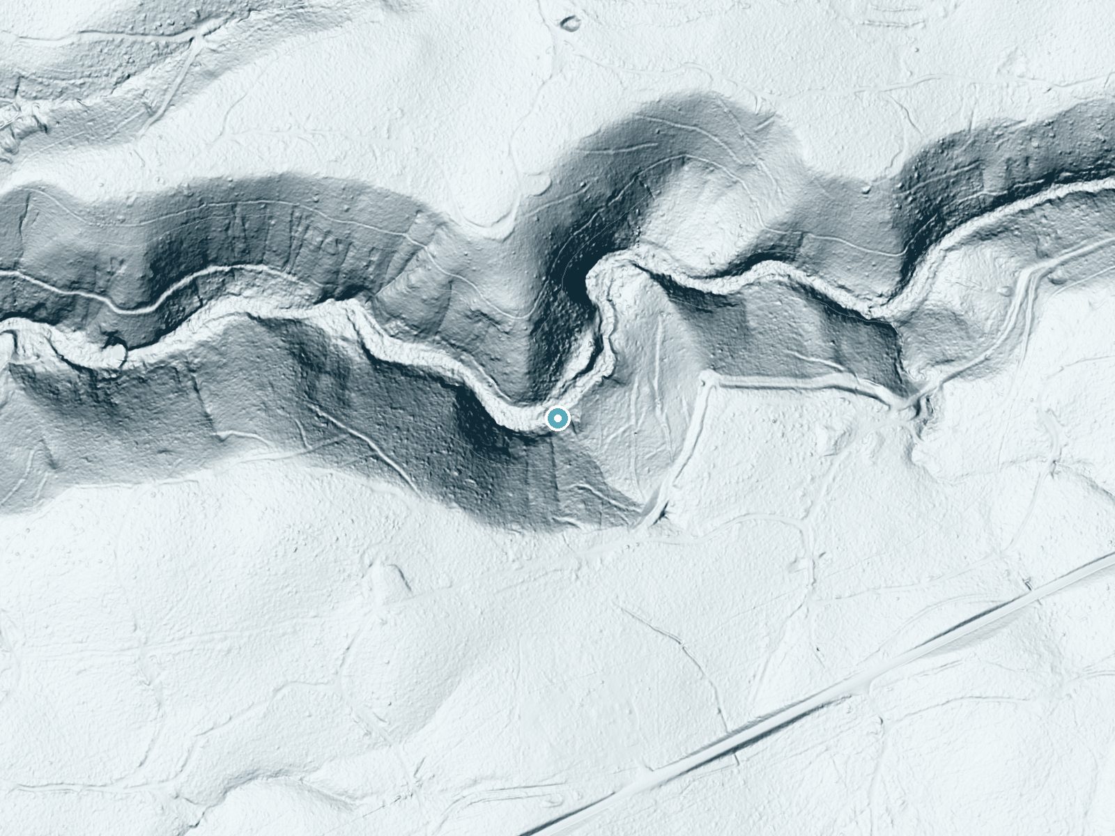 LiDAR bare-earth terrain around Lion Wash Falls near Montgomery Creek, California, showing about 184 feet of drop, a steep tiered drop, facing northwest