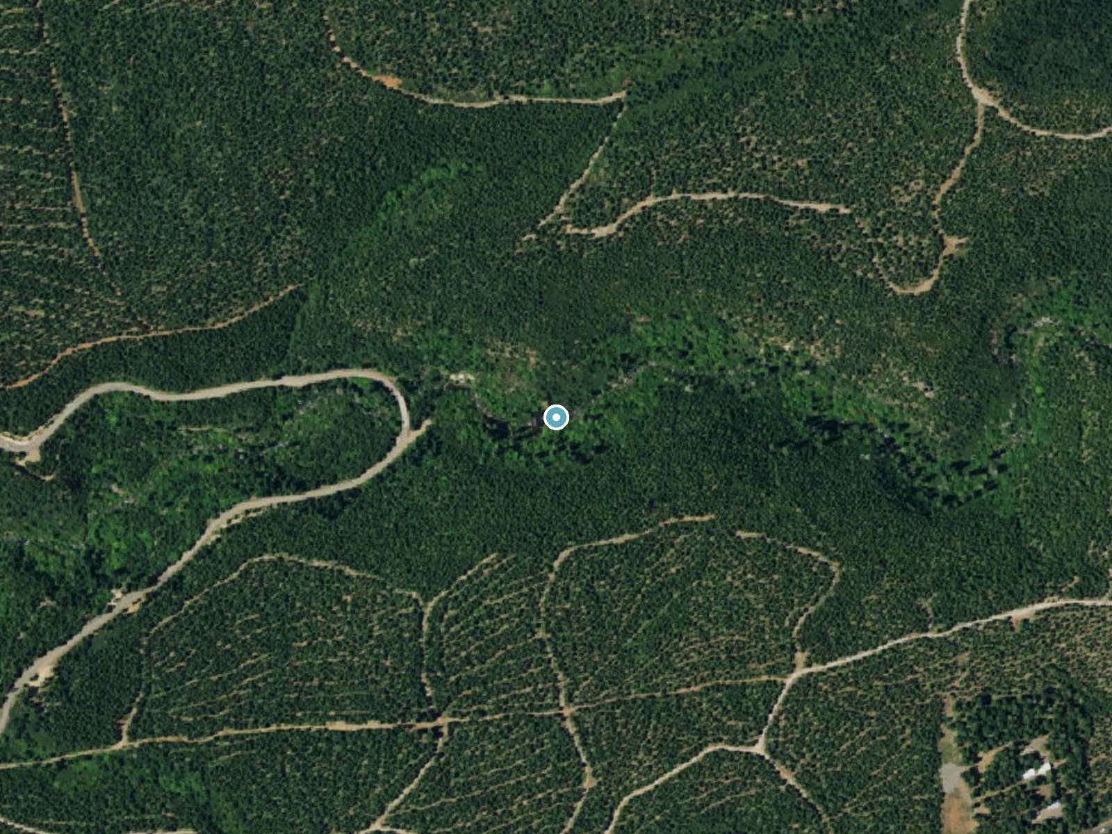 Aerial photo of the same ground around Lion Slide Falls near Montgomery Creek, California, for comparison with the lidar view