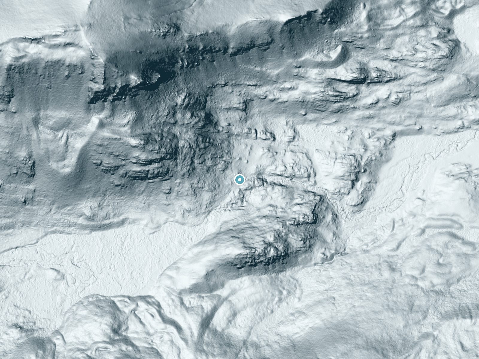 LiDAR bare-earth terrain around Big Creek Falls near Riverside, Colorado, showing about 111 feet of drop, a long cascade, facing east