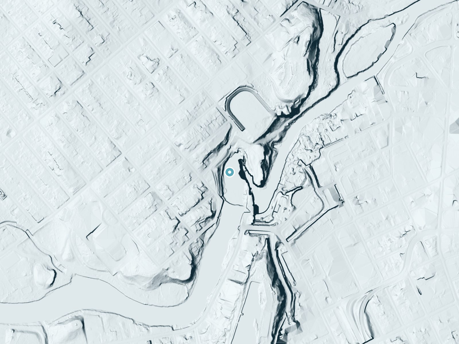 LiDAR bare-earth terrain around Passaic Falls near Paterson, New Jersey, showing about 99 feet of drop, a steep tiered drop, facing east