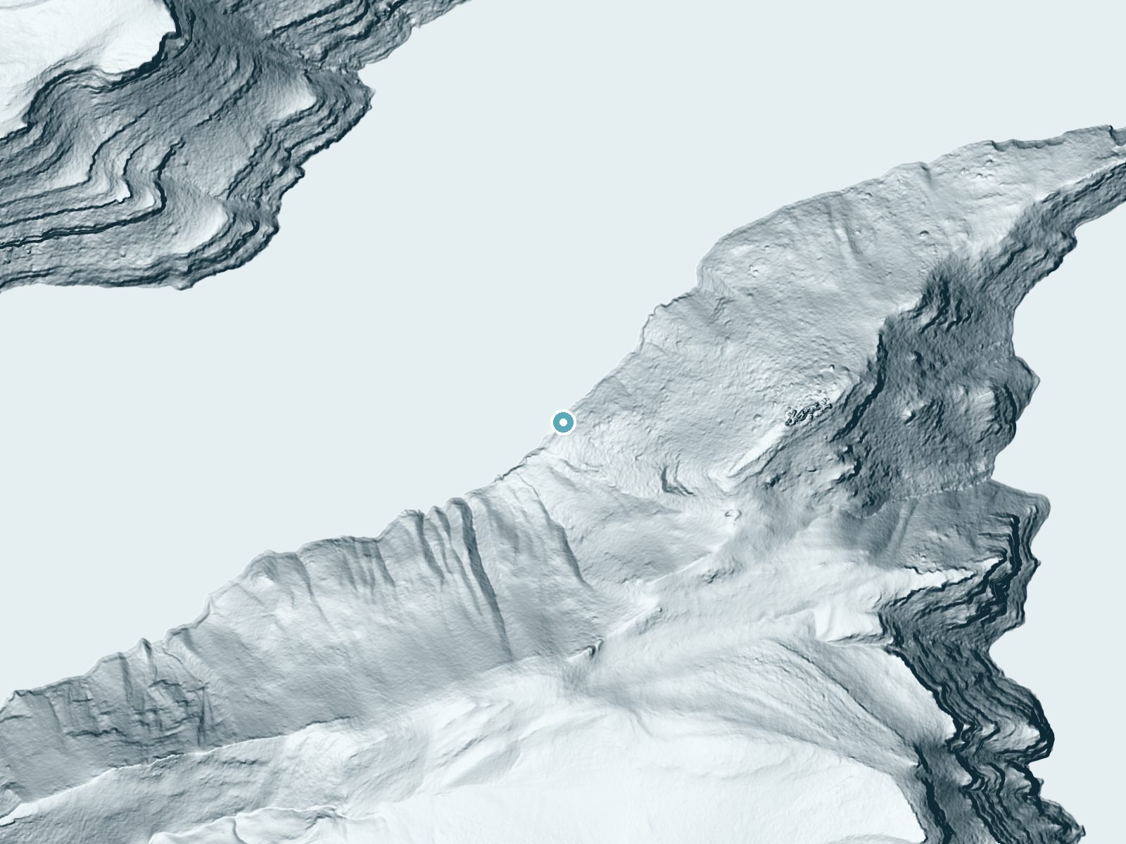 LiDAR bare-earth terrain around Ashley Falls near Flaming Gorge, Utah, showing about 144 feet of drop, a steep tiered drop, facing northwest