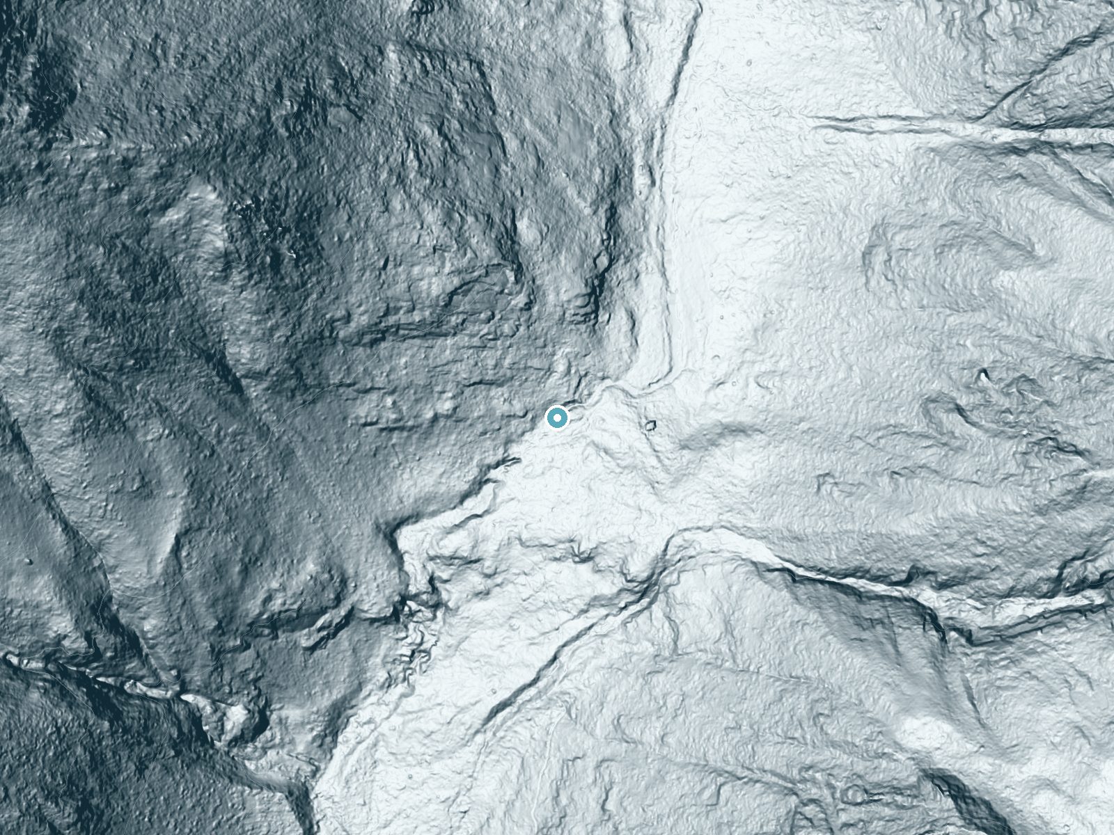 LiDAR bare-earth terrain around Canyon Creek Falls near Junction City, California, showing about 125 feet of drop, a long cascade, facing south