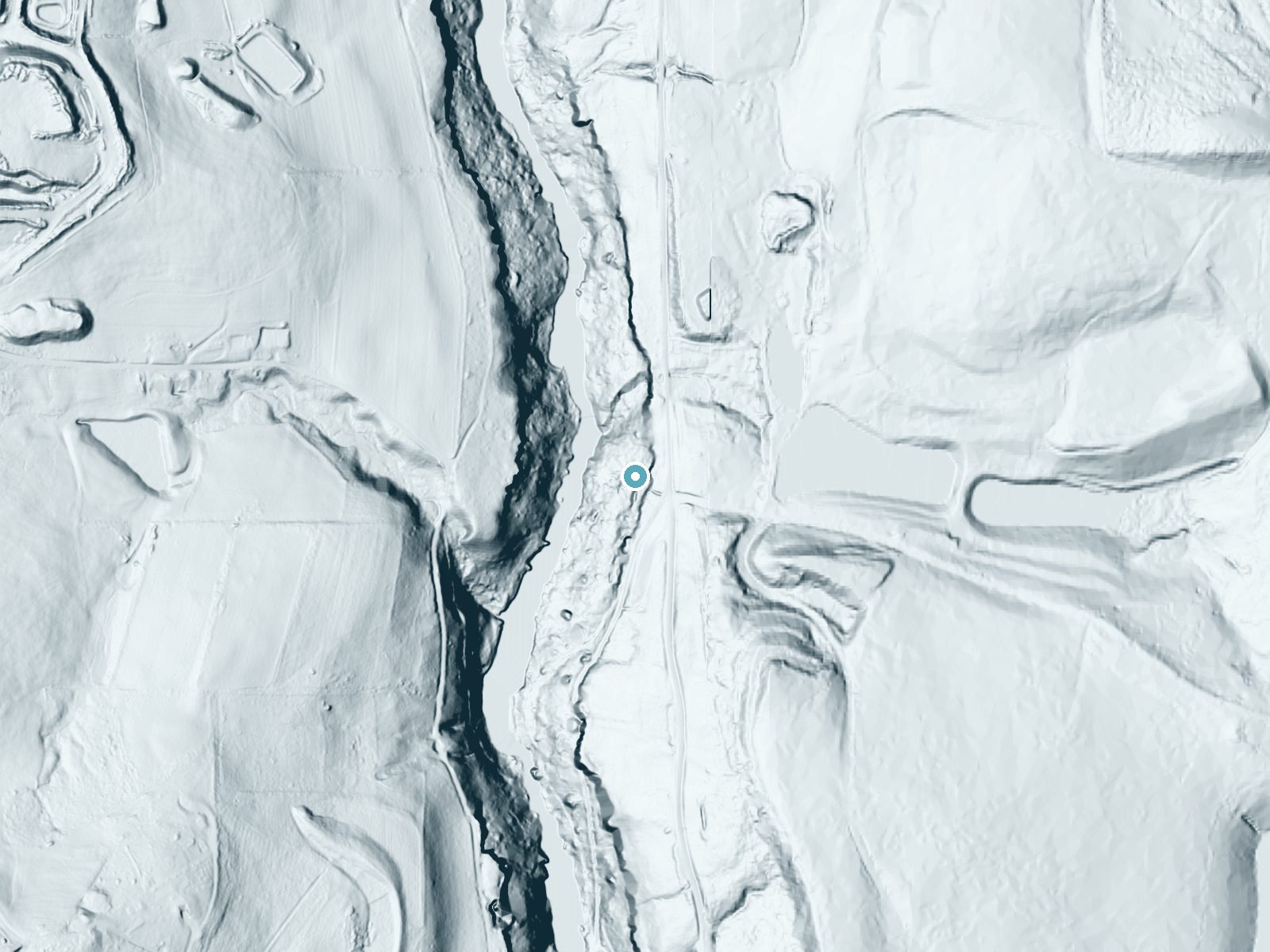 LiDAR bare-earth terrain around Spillway Falls near Lake Arthur Estates, Pennsylvania, showing about 151 feet of drop, a steep tiered drop, facing west